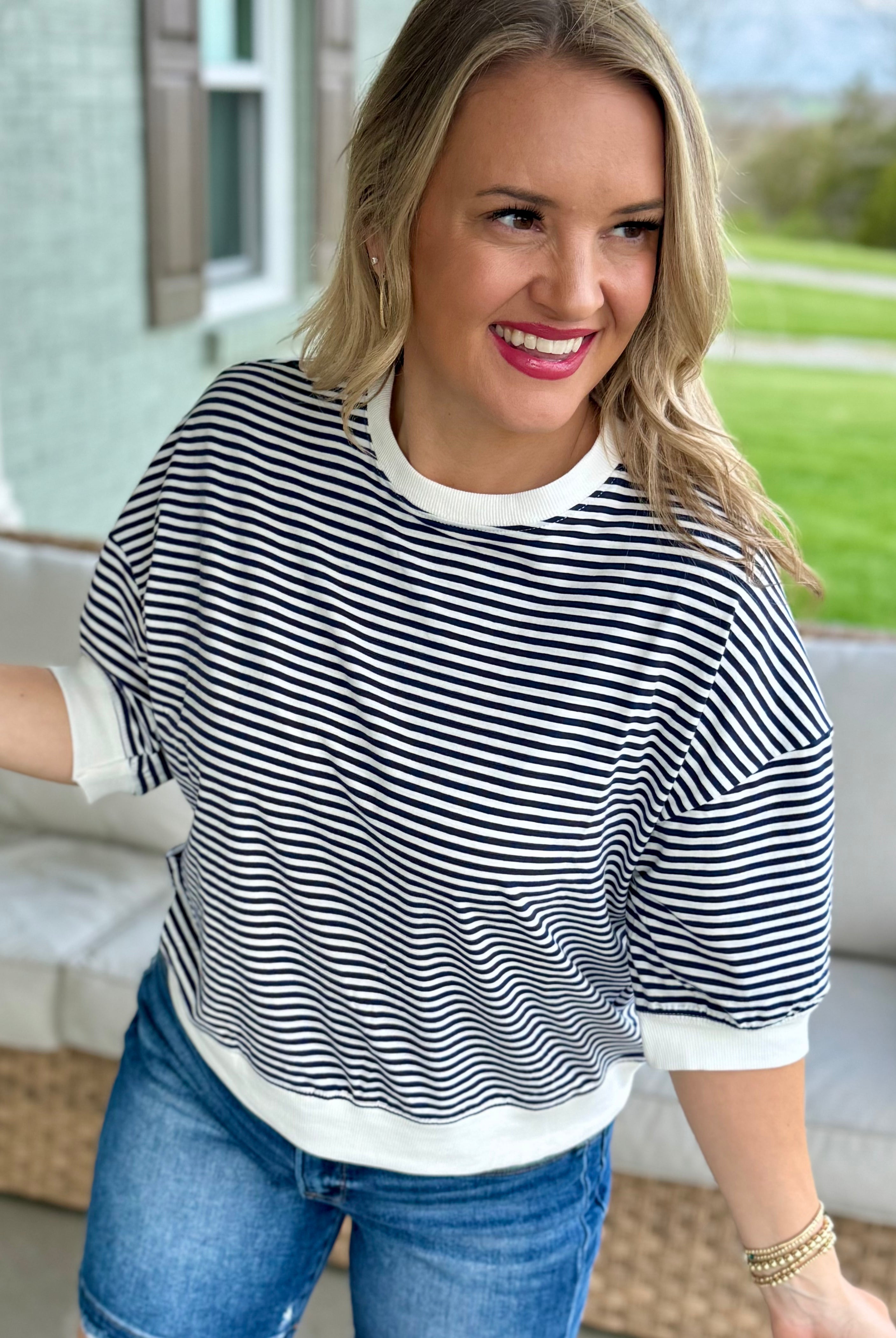 Simply Spring Striped Top - Navy-100 Short Sleeve Tops-zenana-The Lovely Closet, Women's Fashion Boutique in Alexandria, KY