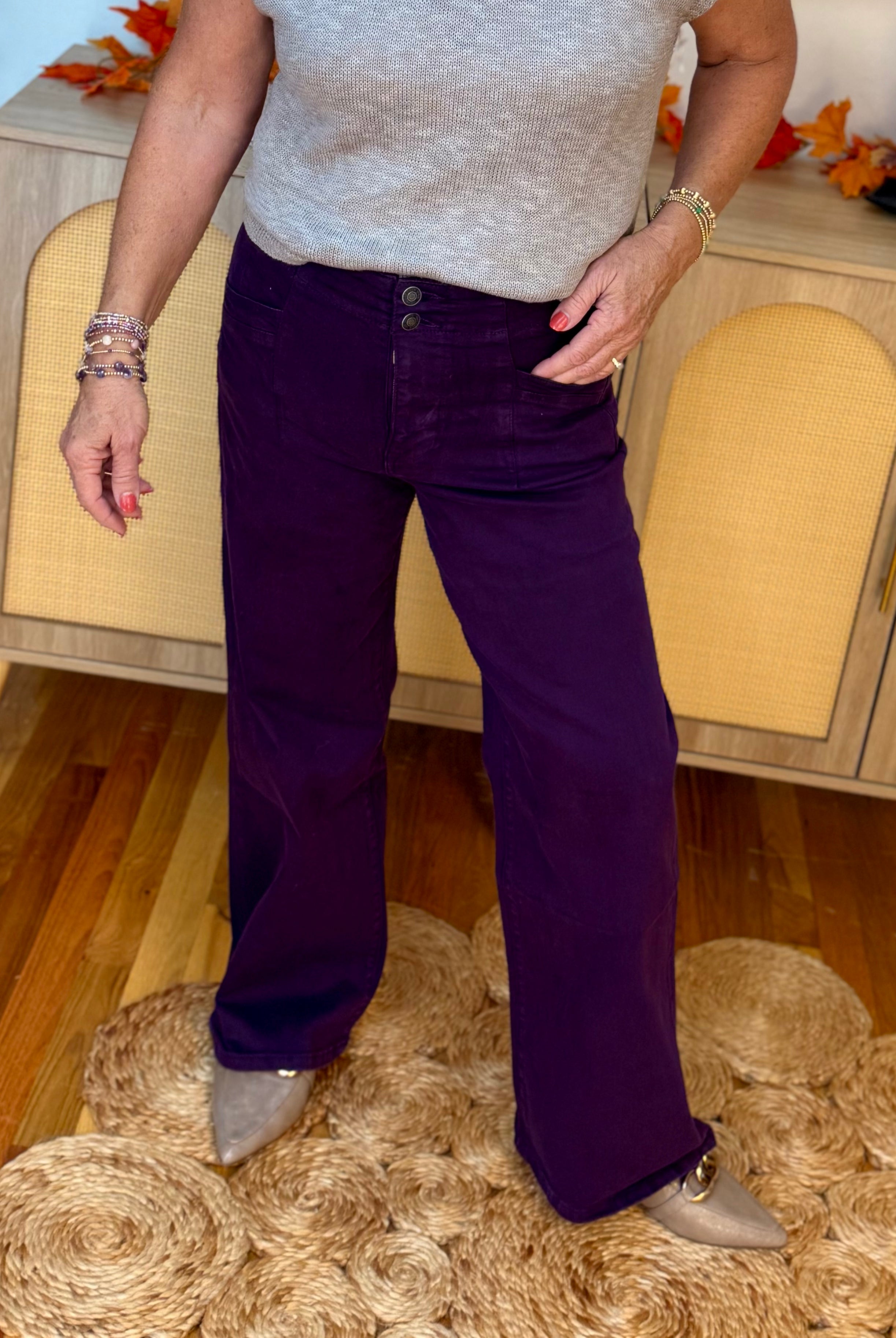 Mica High Rise Wide Leg Pants - Plum-210 Jeans-Mica Denim-The Lovely Closet, Women's Fashion Boutique in Alexandria, KY
