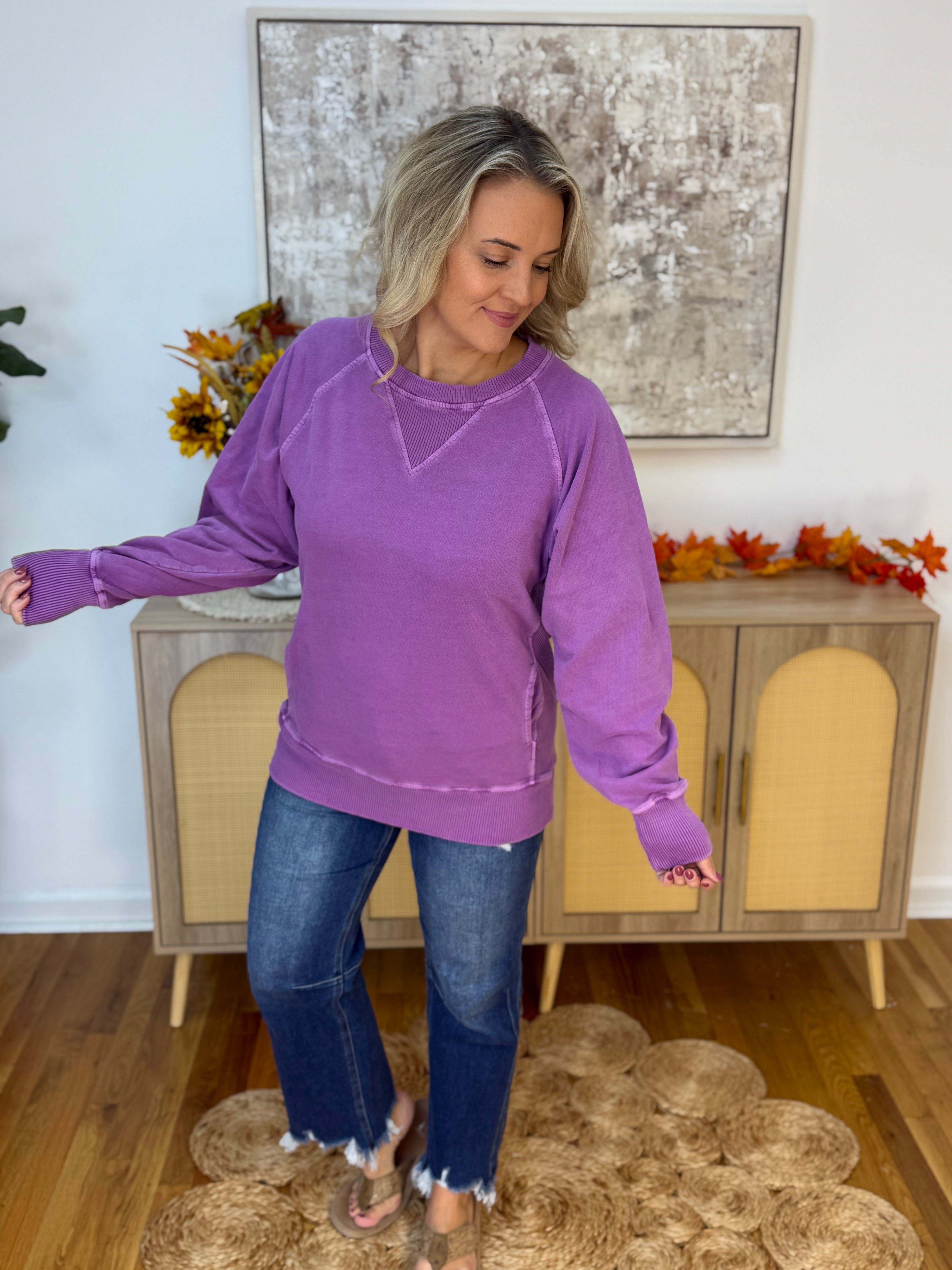Keeping it Casual Pullover 2025 - Violet-150 Sweatshirts-zenana-The Lovely Closet, Women's Fashion Boutique in Alexandria, KY