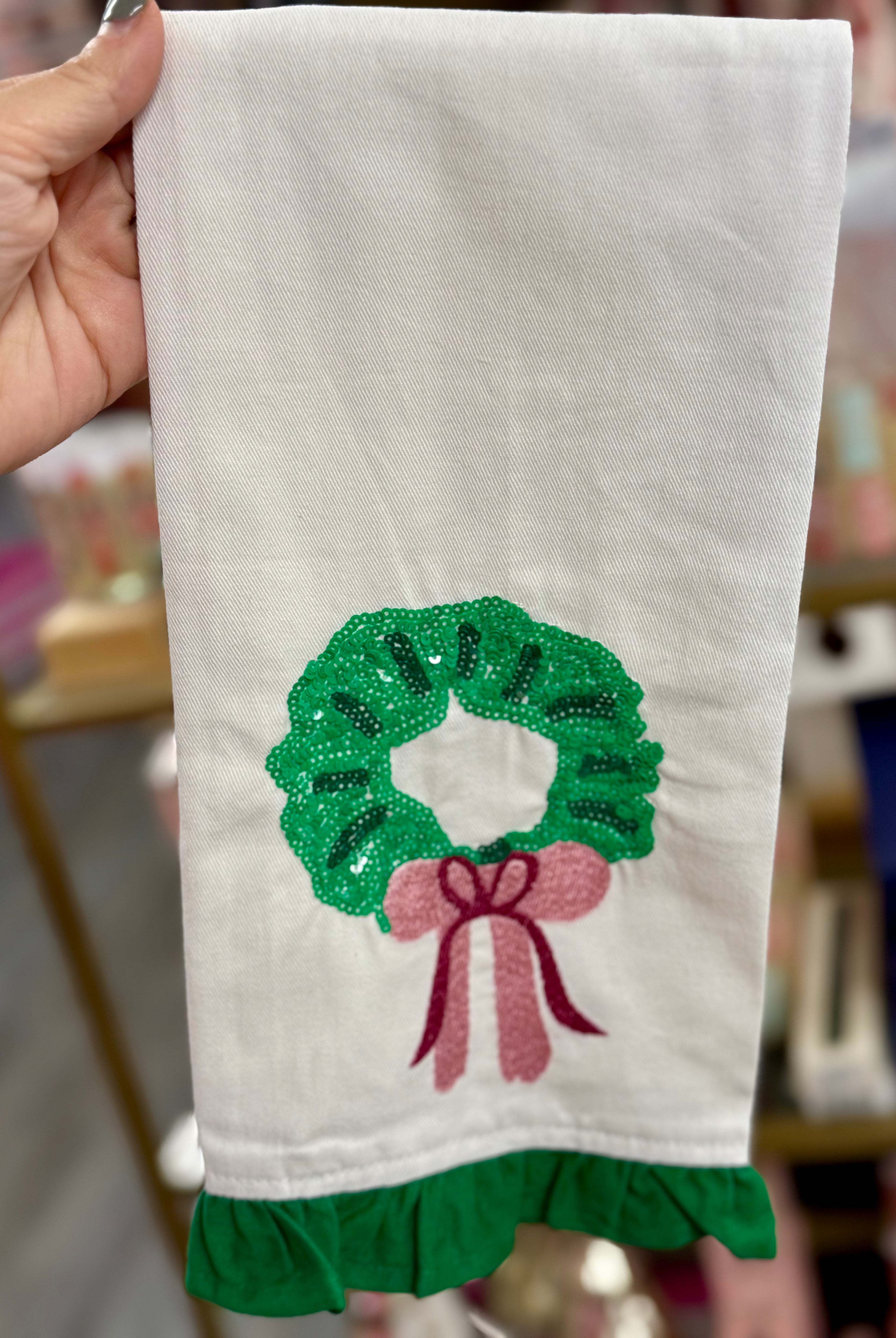 Tea Towel - Embellished Sequin Wreath-350 Holiday-Mary Square-The Lovely Closet, Women's Fashion Boutique in Alexandria, KY