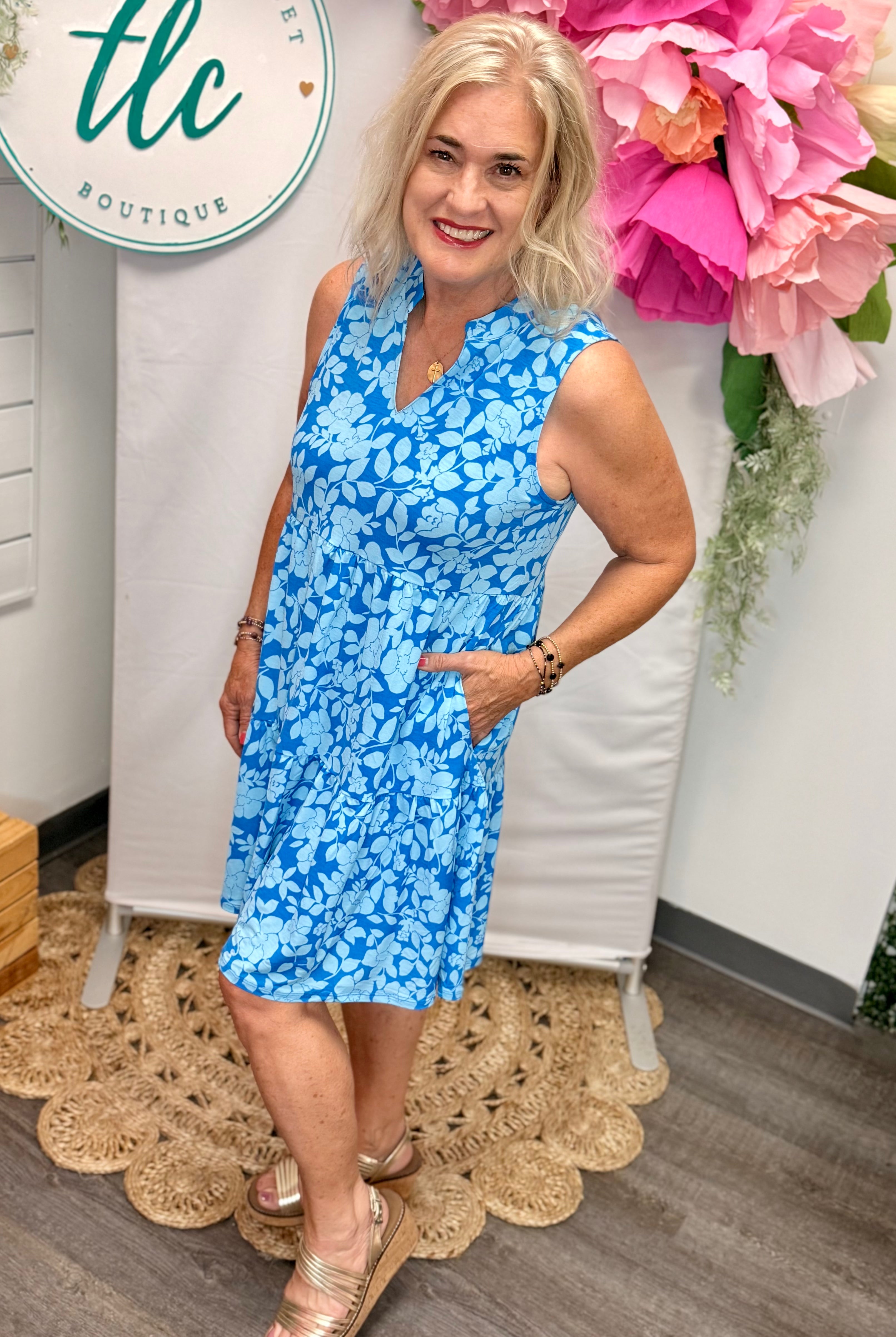 Coastal Blue Floral Lizzy Dress-180 Dresses-Dear Scarlett-The Lovely Closet, Women's Fashion Boutique in Alexandria, KY