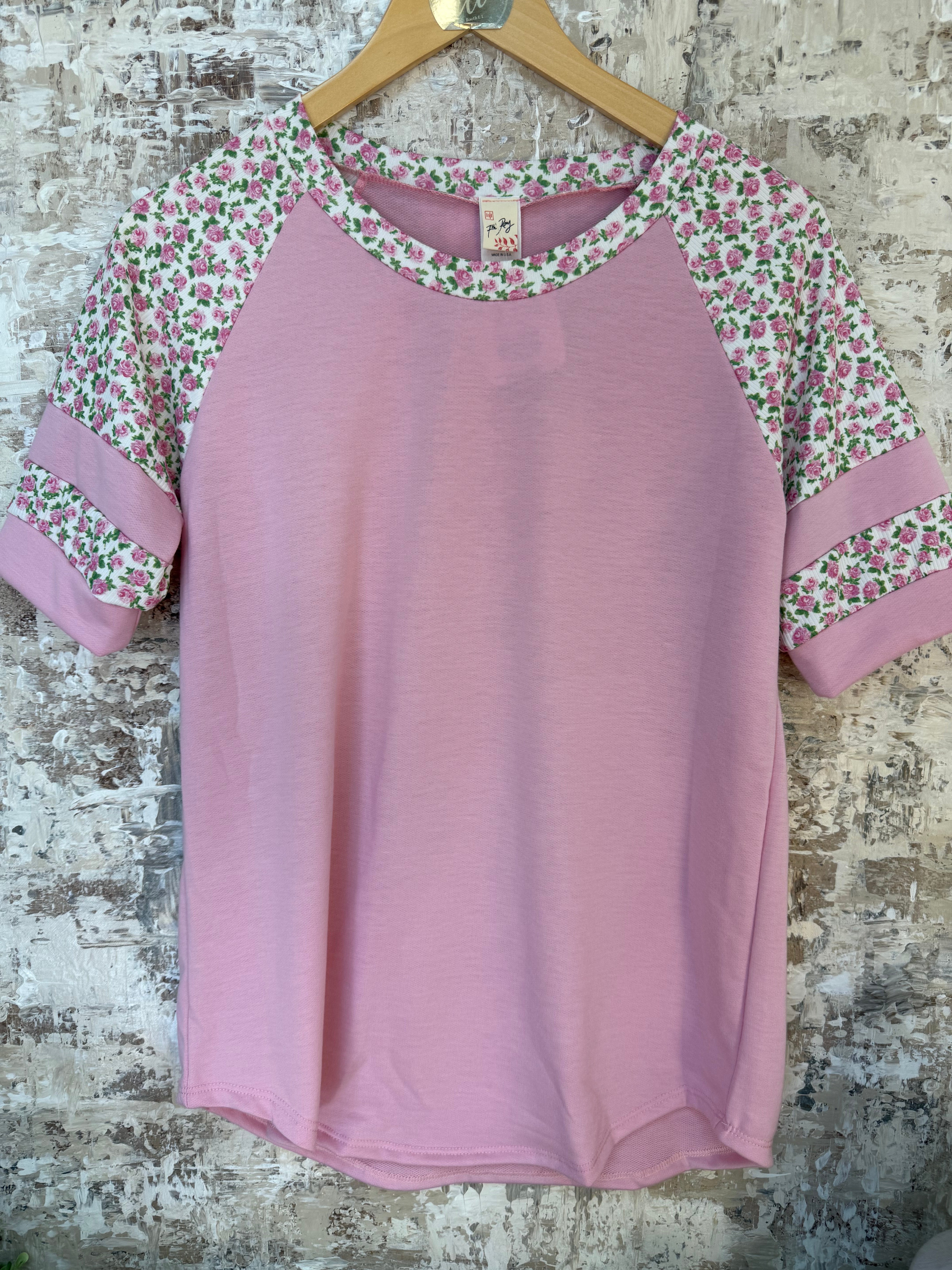 Rosie Pink Patchwork Top-100 Short Sleeve Tops-7th Ray-The Lovely Closet, Women's Fashion Boutique in Alexandria, KY