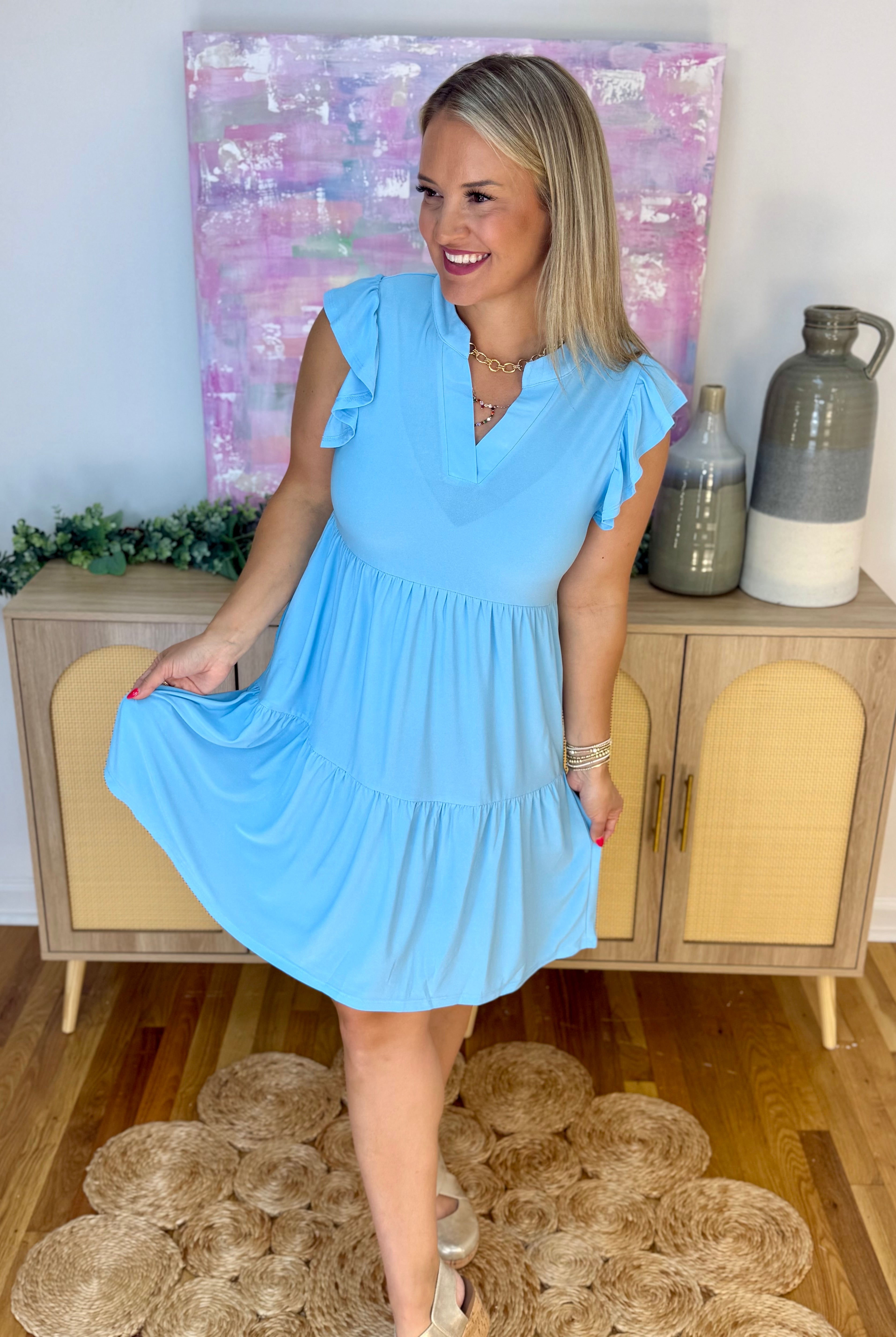 Flutter Sleeve Tiered Dress - Sky Blue-180 Dresses-Dear Scarlett-The Lovely Closet, Women's Fashion Boutique in Alexandria, KY