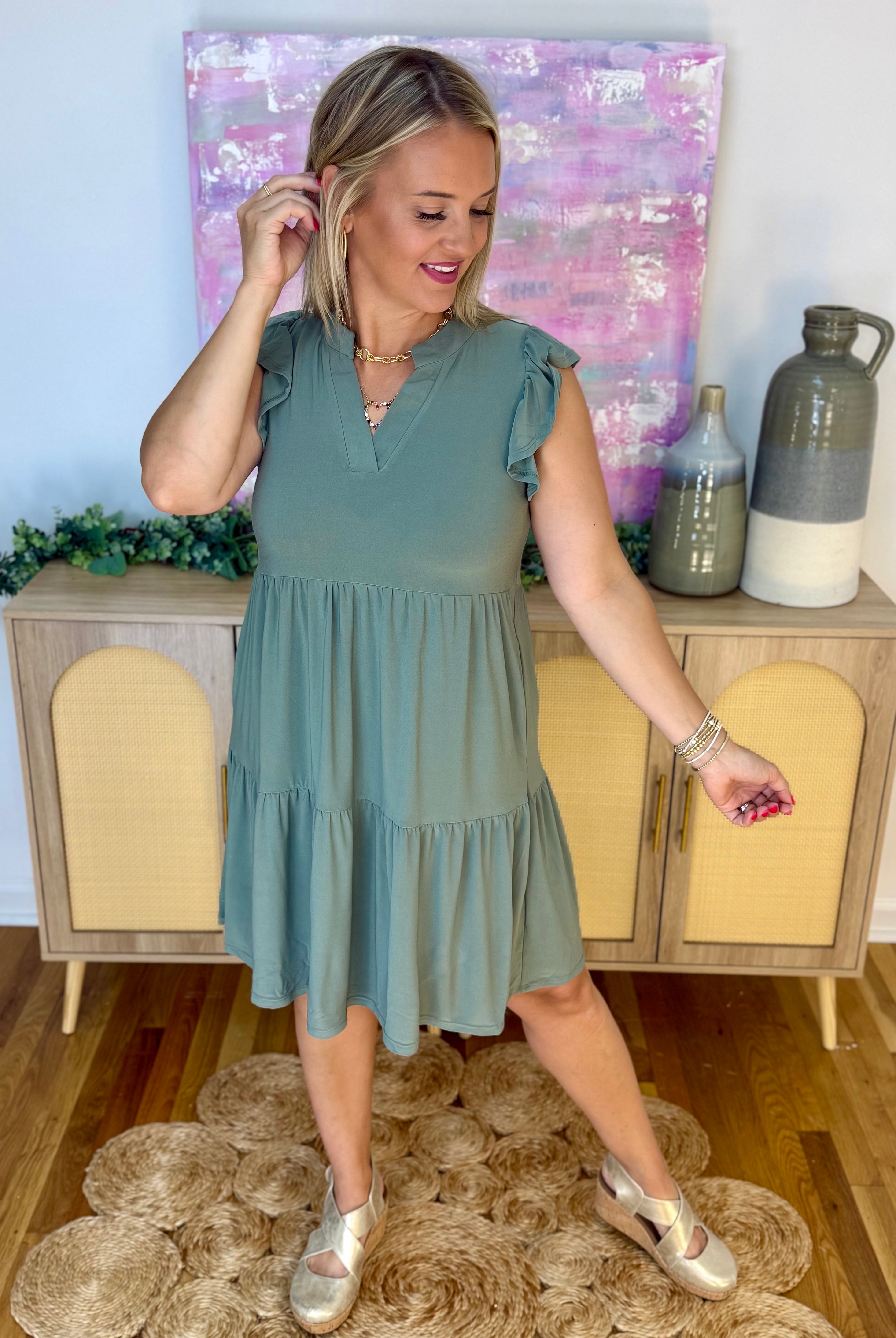Flutter Sleeve Tiered Dress - Pistachio-180 Dresses-Dear Scarlett-The Lovely Closet, Women's Fashion Boutique in Alexandria, KY