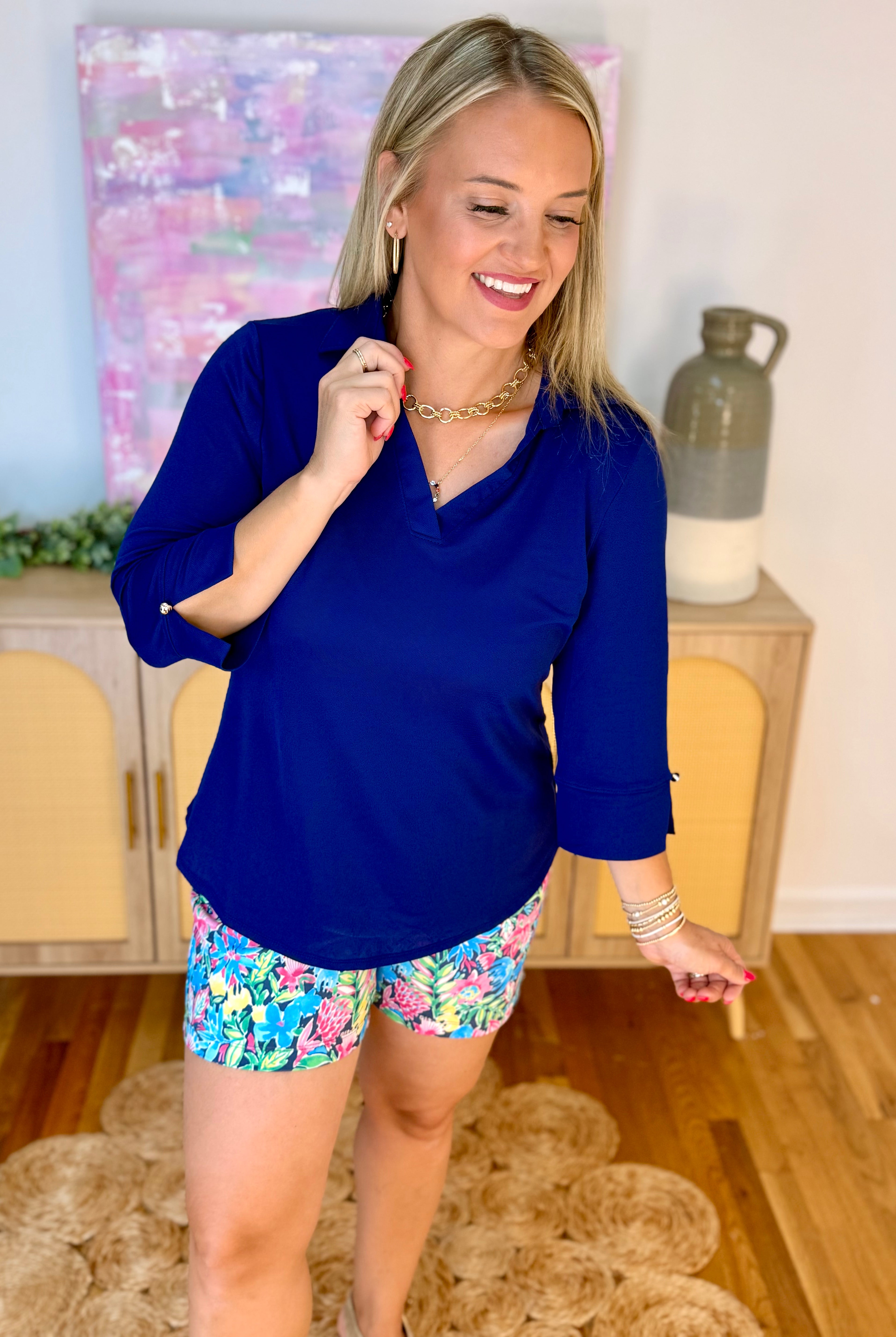 Sun Cool 3/4 Sleeve Top - Navy-110 Long Sleeve Top-Dear Scarlett-The Lovely Closet, Women's Fashion Boutique in Alexandria, KY