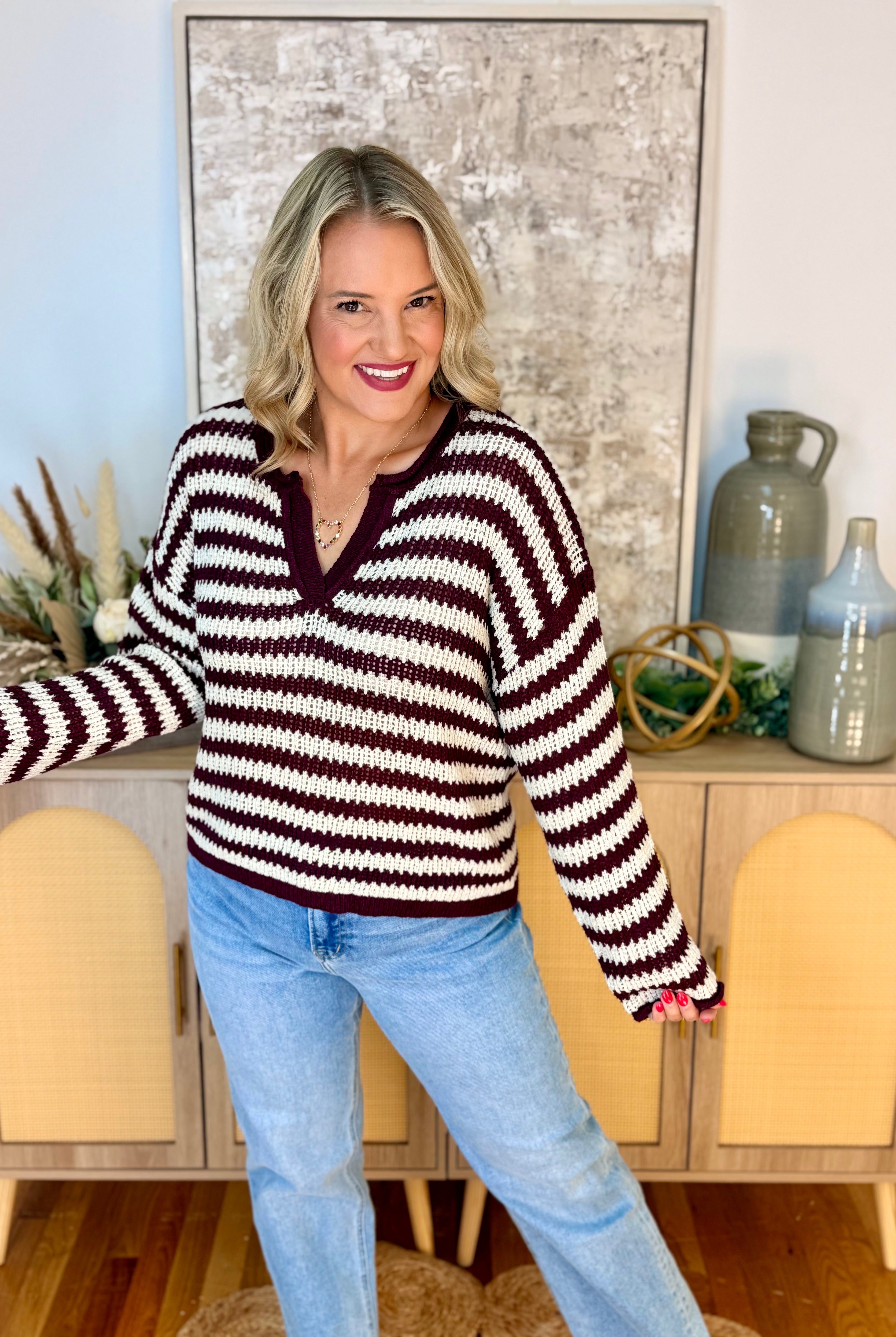Scenic Route Striped Sweater - Burgundy-140 Sweaters-Blu Pepper-The Lovely Closet, Women's Fashion Boutique in Alexandria, KY