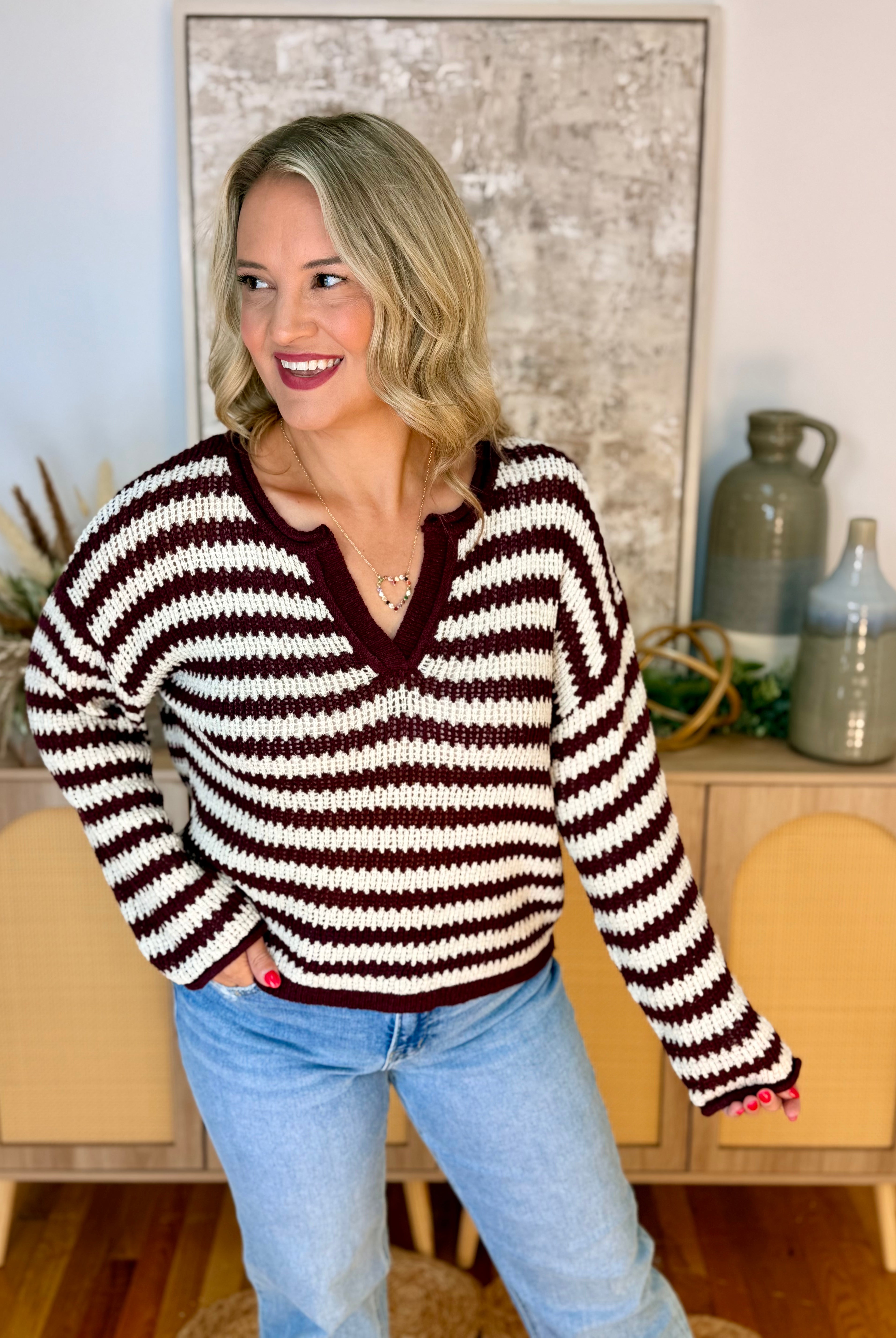 Scenic Route Striped Sweater - Burgundy-140 Sweaters-Blu Pepper-The Lovely Closet, Women's Fashion Boutique in Alexandria, KY