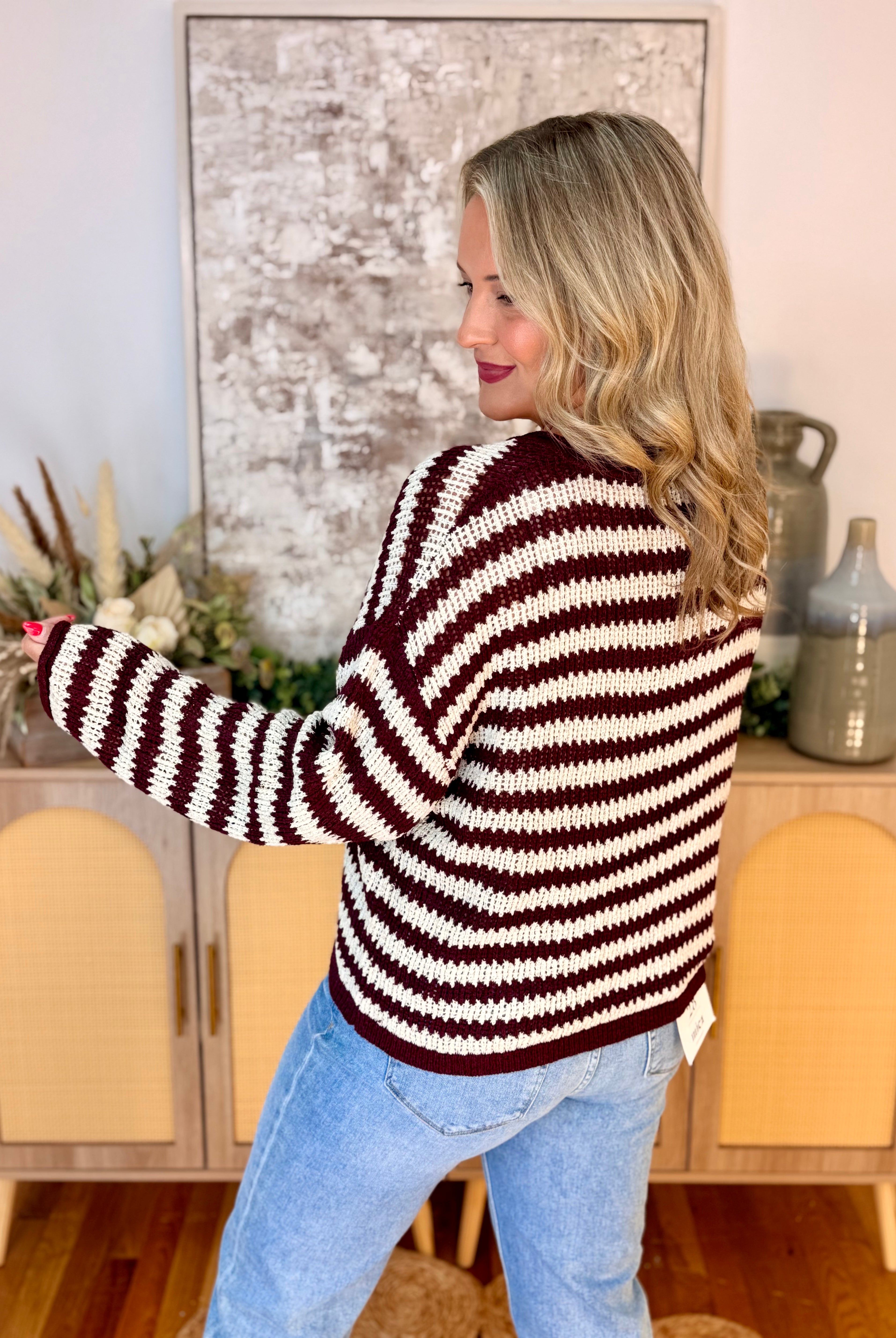 Scenic Route Striped Sweater - Burgundy-140 Sweaters-Blu Pepper-The Lovely Closet, Women's Fashion Boutique in Alexandria, KY