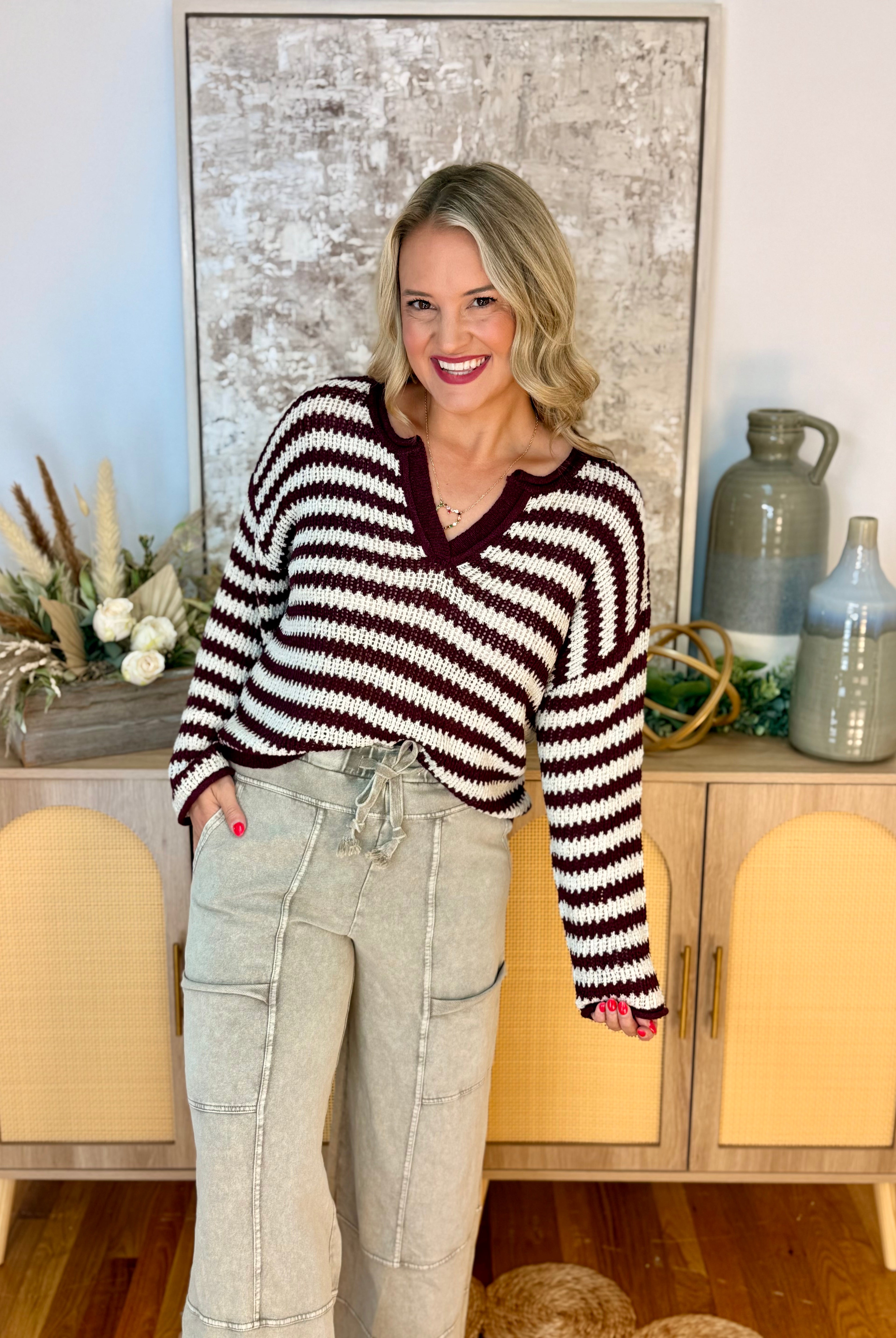 Scenic Route Striped Sweater - Burgundy-140 Sweaters-Blu Pepper-The Lovely Closet, Women's Fashion Boutique in Alexandria, KY