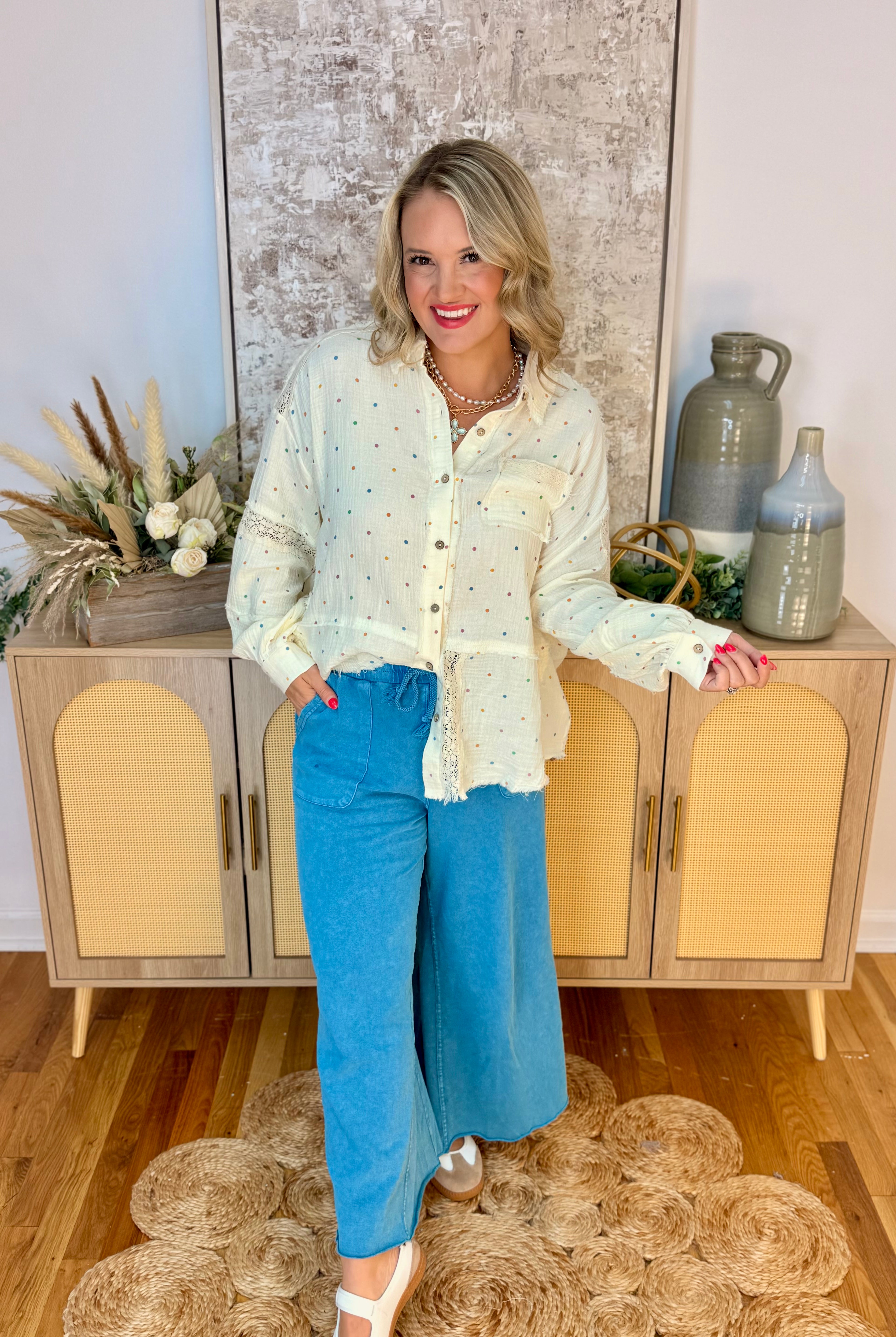 Cutting Class Polka Dot Button Down-110 Long Sleeve Top-The Lovely Closet-The Lovely Closet, Women's Fashion Boutique in Alexandria, KY