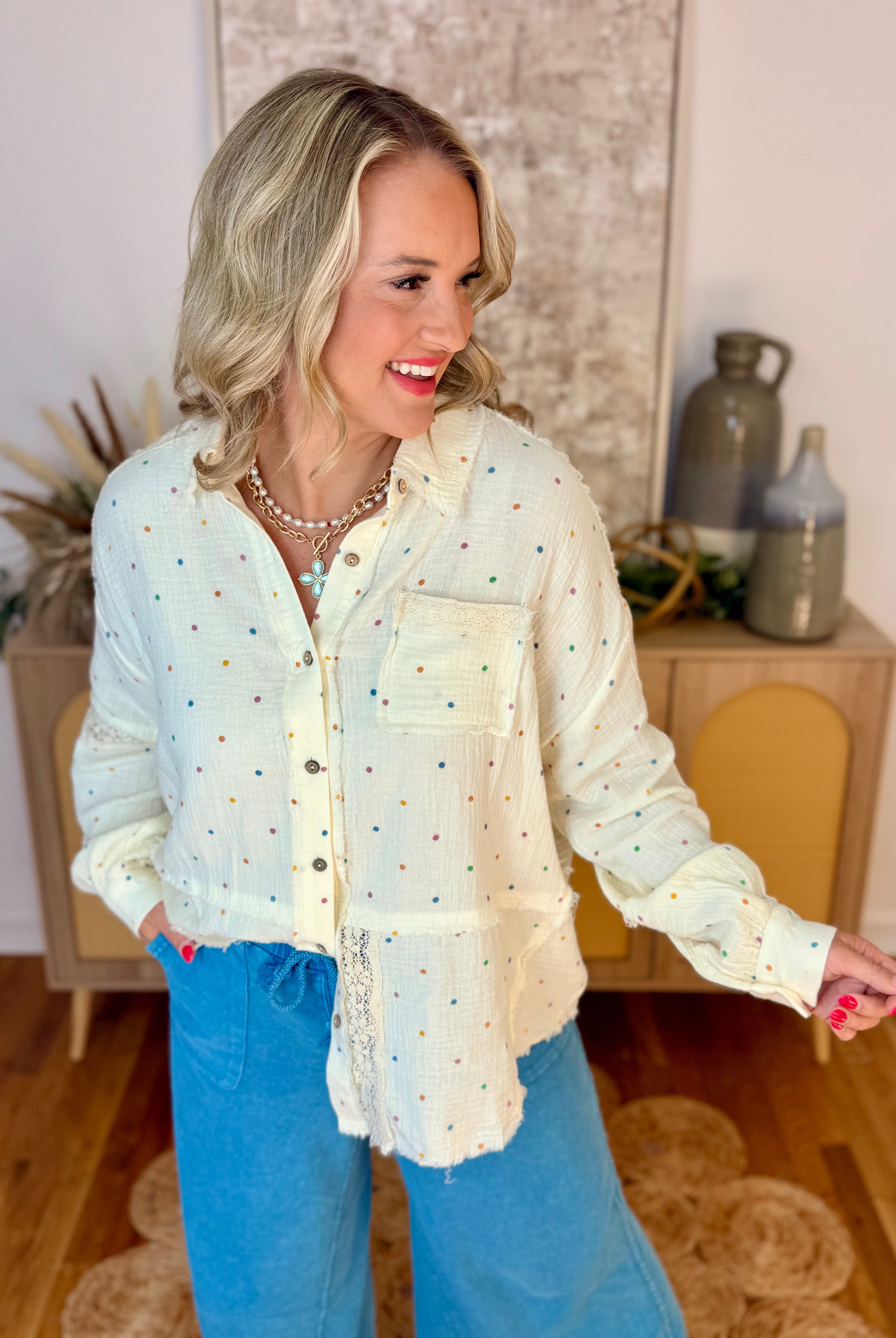 Cutting Class Polka Dot Button Down-110 Long Sleeve Top-The Lovely Closet-The Lovely Closet, Women's Fashion Boutique in Alexandria, KY
