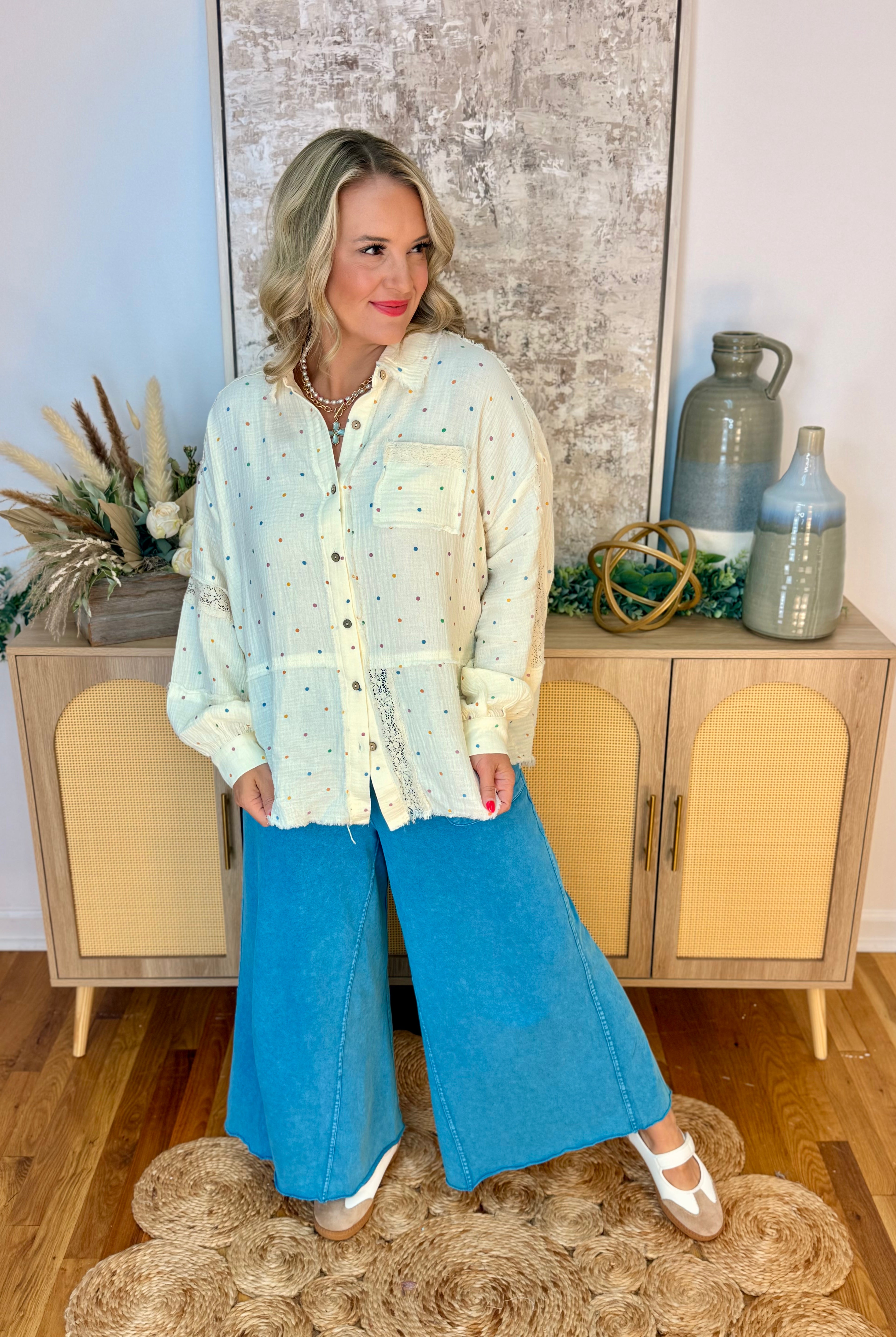 Cutting Class Polka Dot Button Down-110 Long Sleeve Top-The Lovely Closet-The Lovely Closet, Women's Fashion Boutique in Alexandria, KY