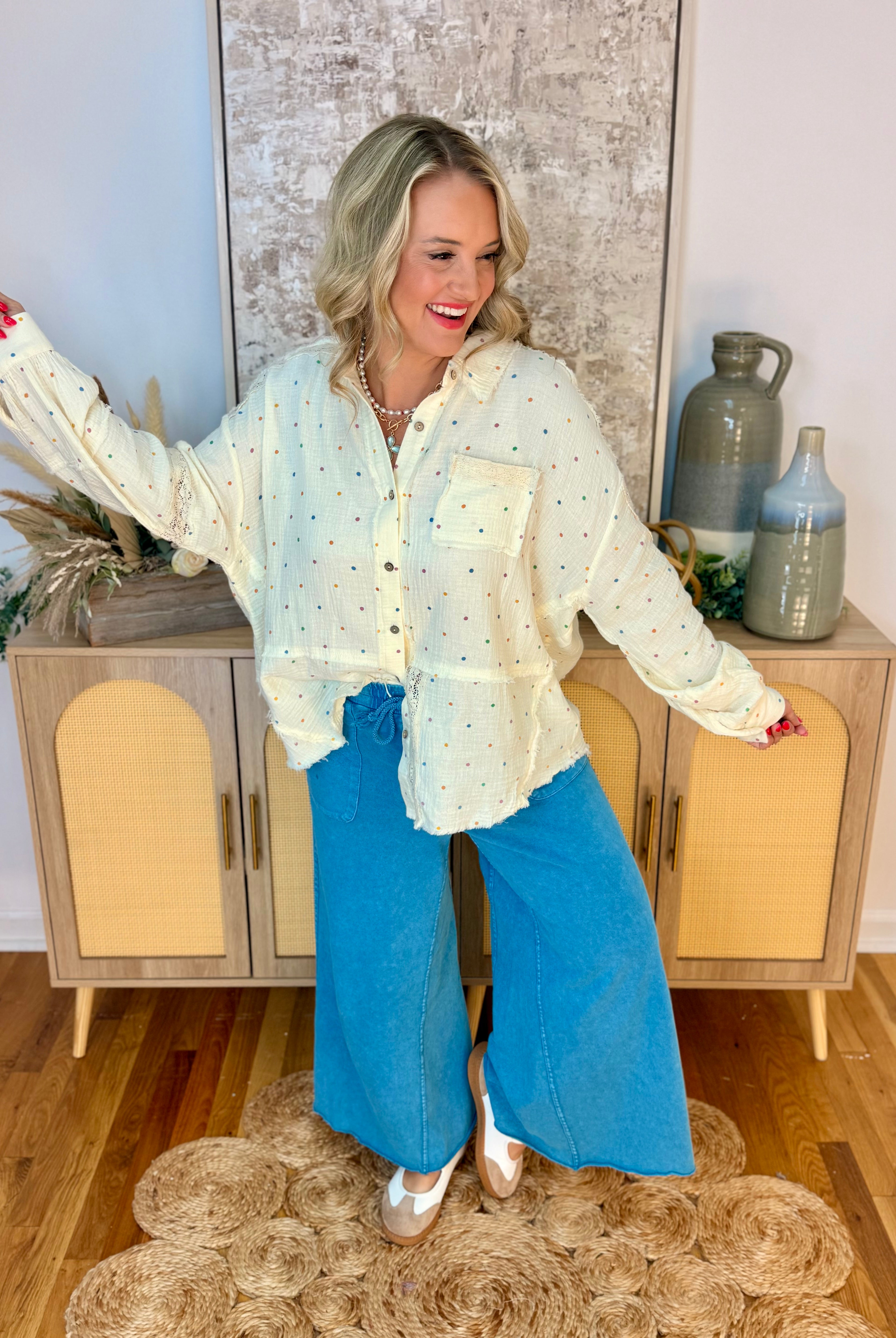 Cutting Class Polka Dot Button Down-110 Long Sleeve Top-The Lovely Closet-The Lovely Closet, Women's Fashion Boutique in Alexandria, KY