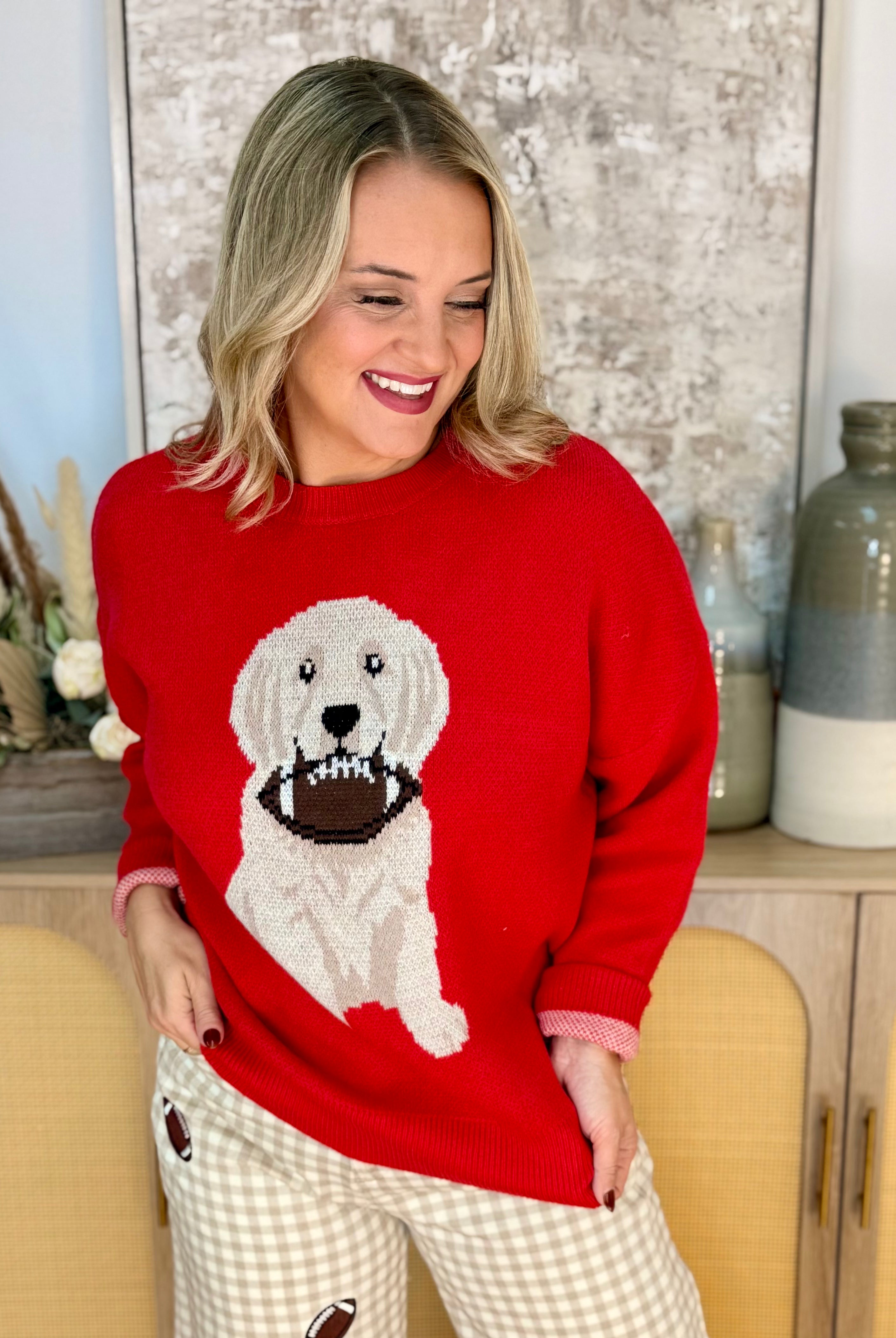 Football Pup Sweater - Red-140 Sweaters-Sewn and Seen-The Lovely Closet, Women's Fashion Boutique in Alexandria, KY