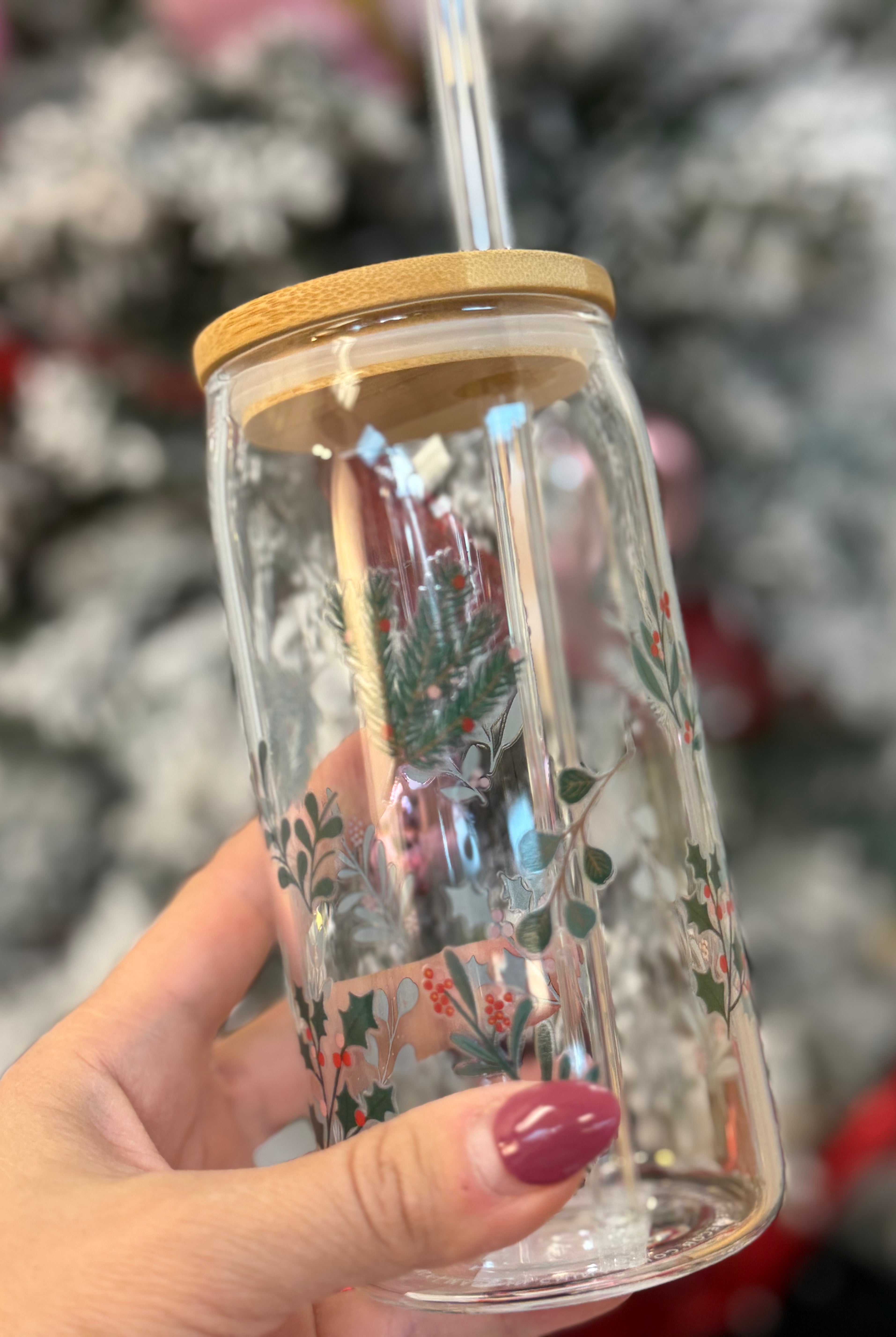 Holiday Greenery Glass Can w/ Straw & Lid-310 Gift-Sweet Water Decor-The Lovely Closet, Women's Fashion Boutique in Alexandria, KY