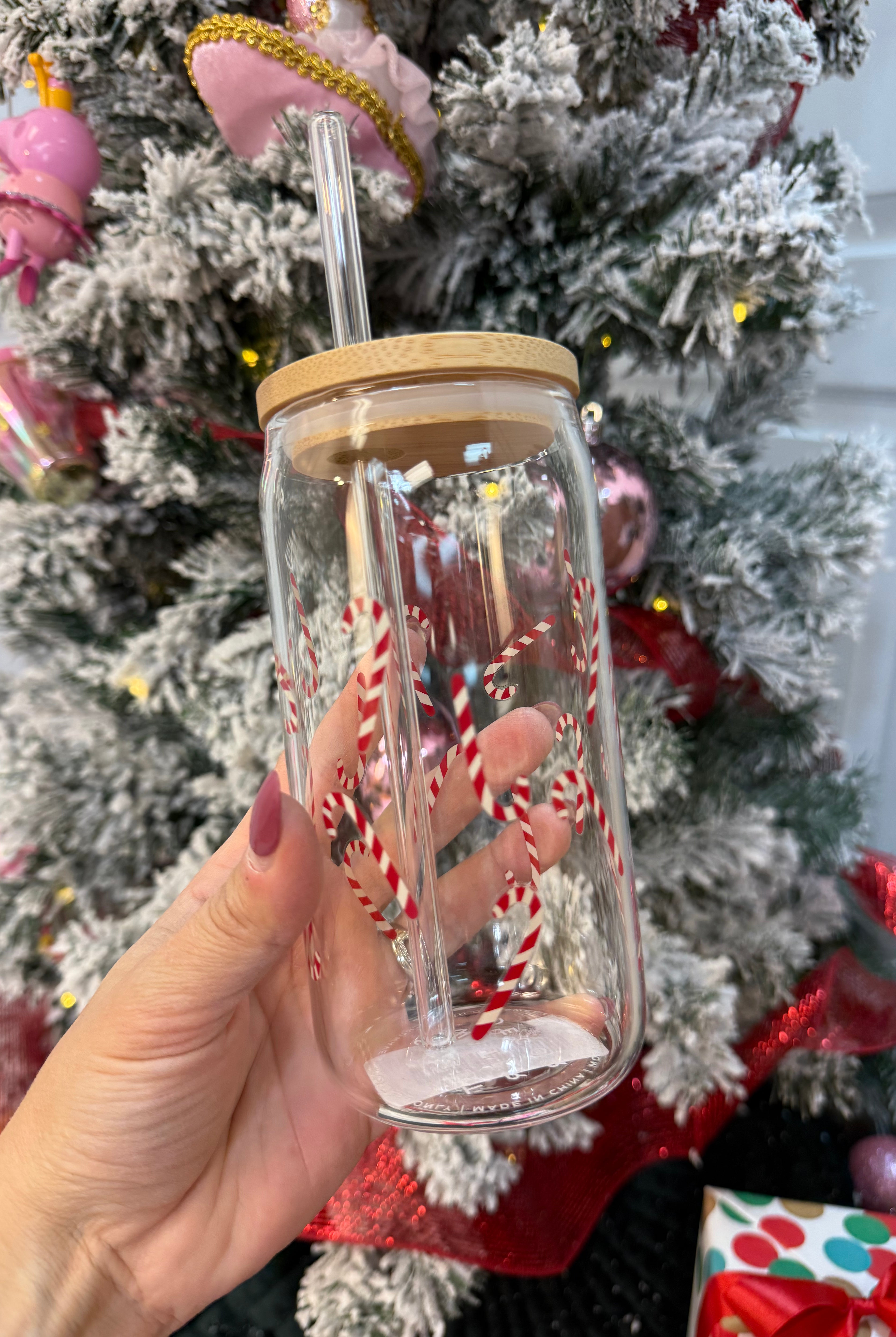 Candy Cane 17 oz Glass w/ Straw & Lid-310 Gift-Sweet Water Decor-The Lovely Closet, Women's Fashion Boutique in Alexandria, KY