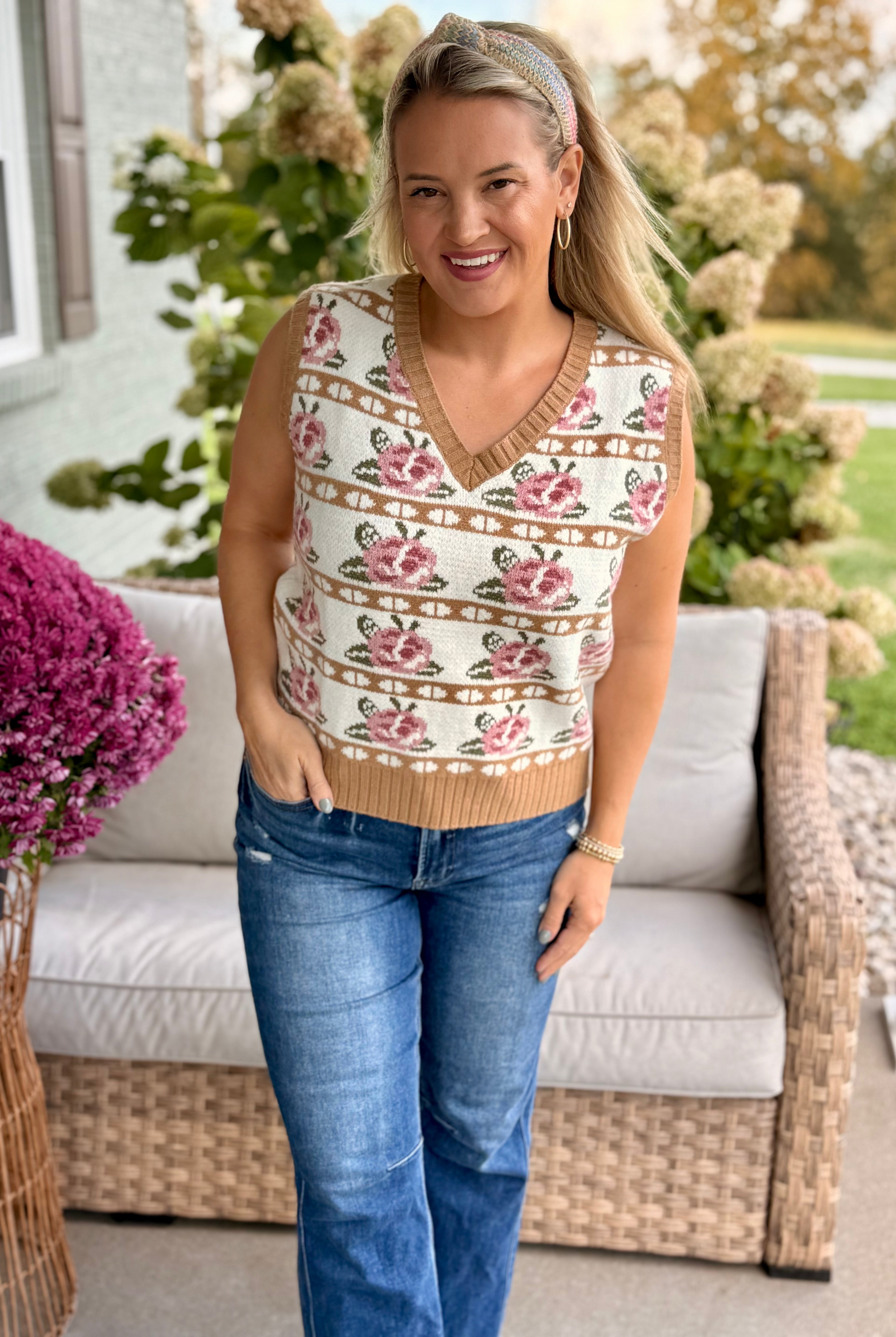 Rose Fairisle Sweater Vest-140 Sweaters-Anniewear-The Lovely Closet, Women's Fashion Boutique in Alexandria, KY