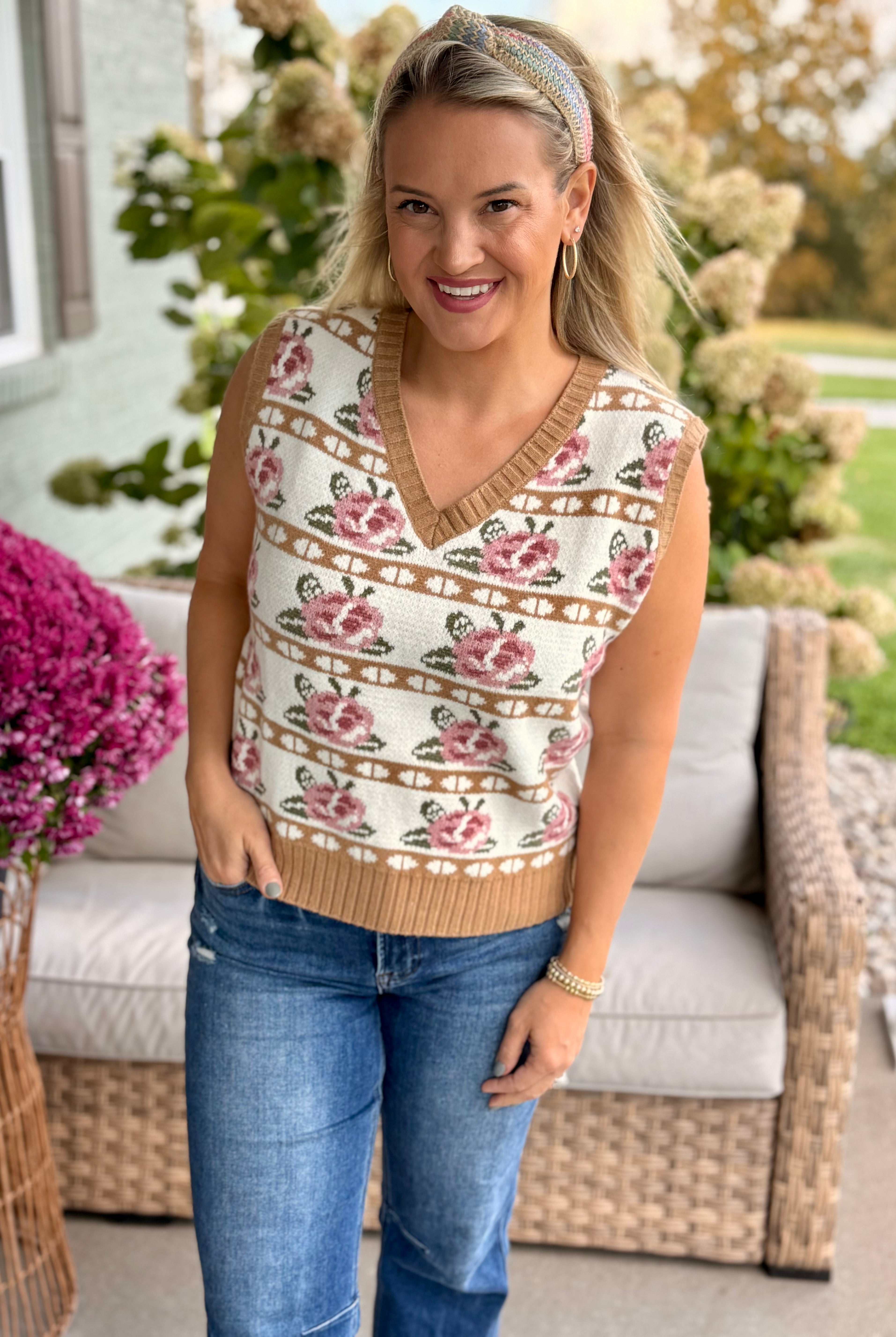 Rose Fairisle Sweater Vest-140 Sweaters-Anniewear-The Lovely Closet, Women's Fashion Boutique in Alexandria, KY
