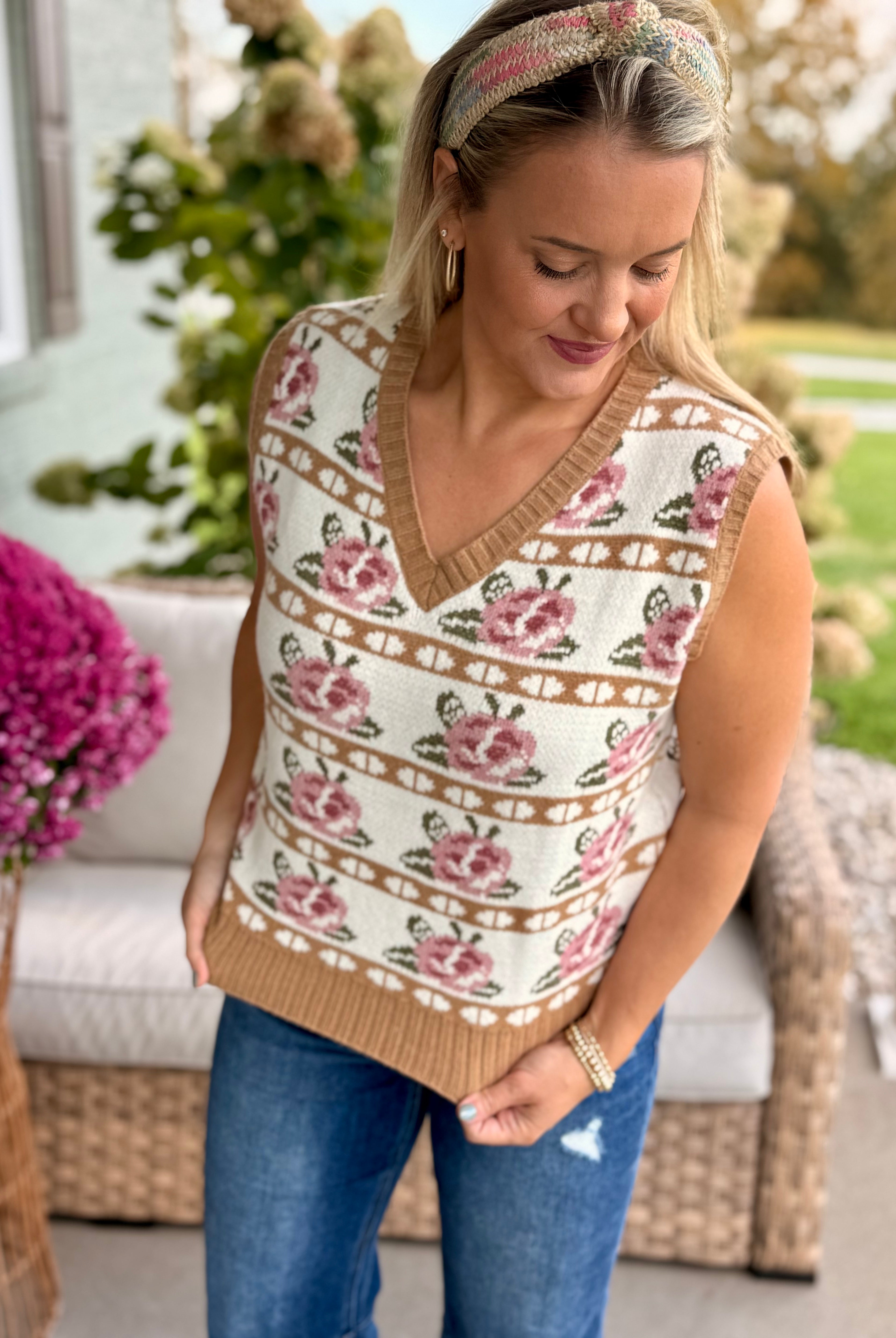 Rose Fairisle Sweater Vest-140 Sweaters-Anniewear-The Lovely Closet, Women's Fashion Boutique in Alexandria, KY