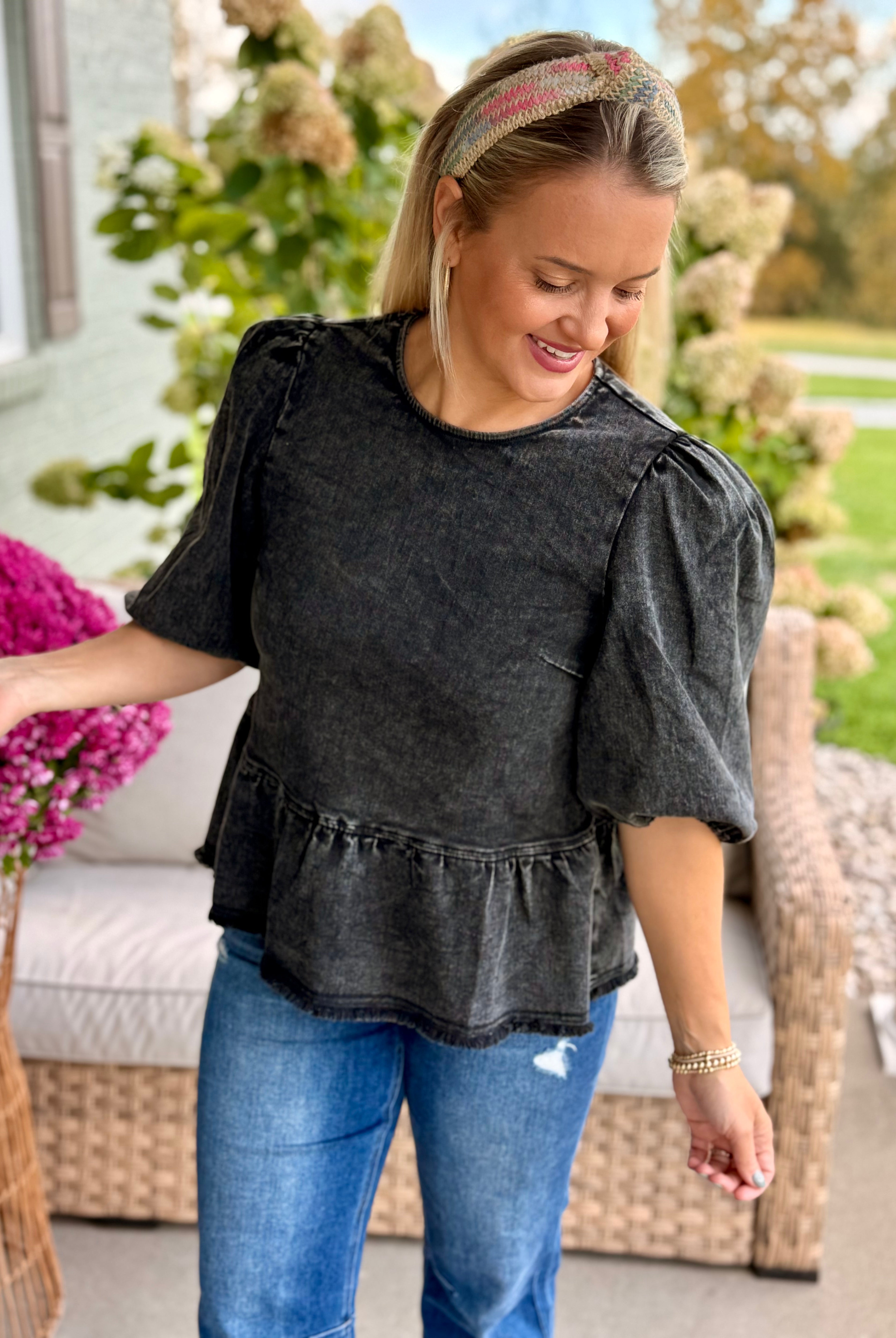 Cider & Cinnamon Washed Denim Top - Ash-100 Short Sleeve Tops-Anniewear-The Lovely Closet, Women's Fashion Boutique in Alexandria, KY