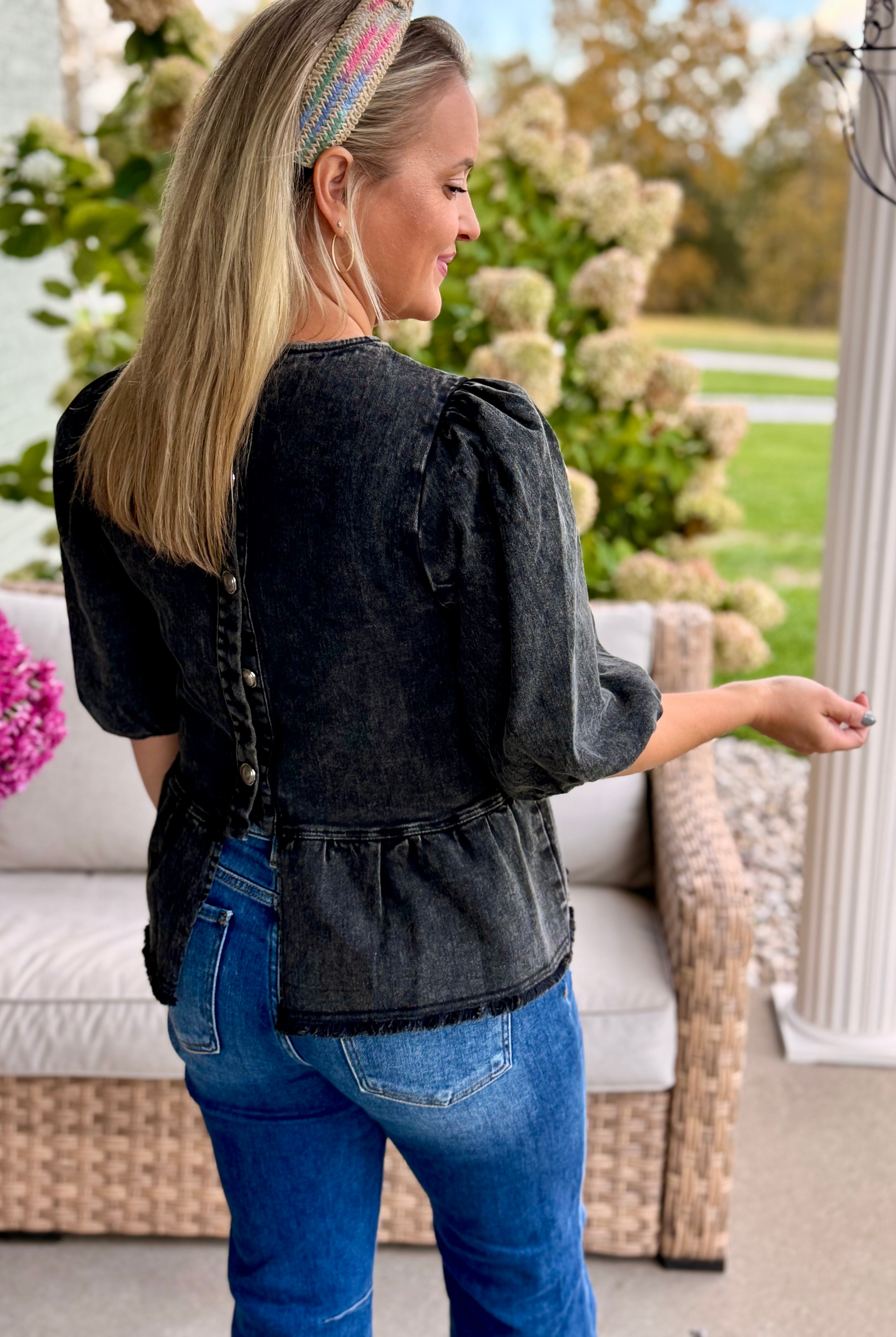 Cider & Cinnamon Washed Denim Top - Ash-100 Short Sleeve Tops-Anniewear-The Lovely Closet, Women's Fashion Boutique in Alexandria, KY