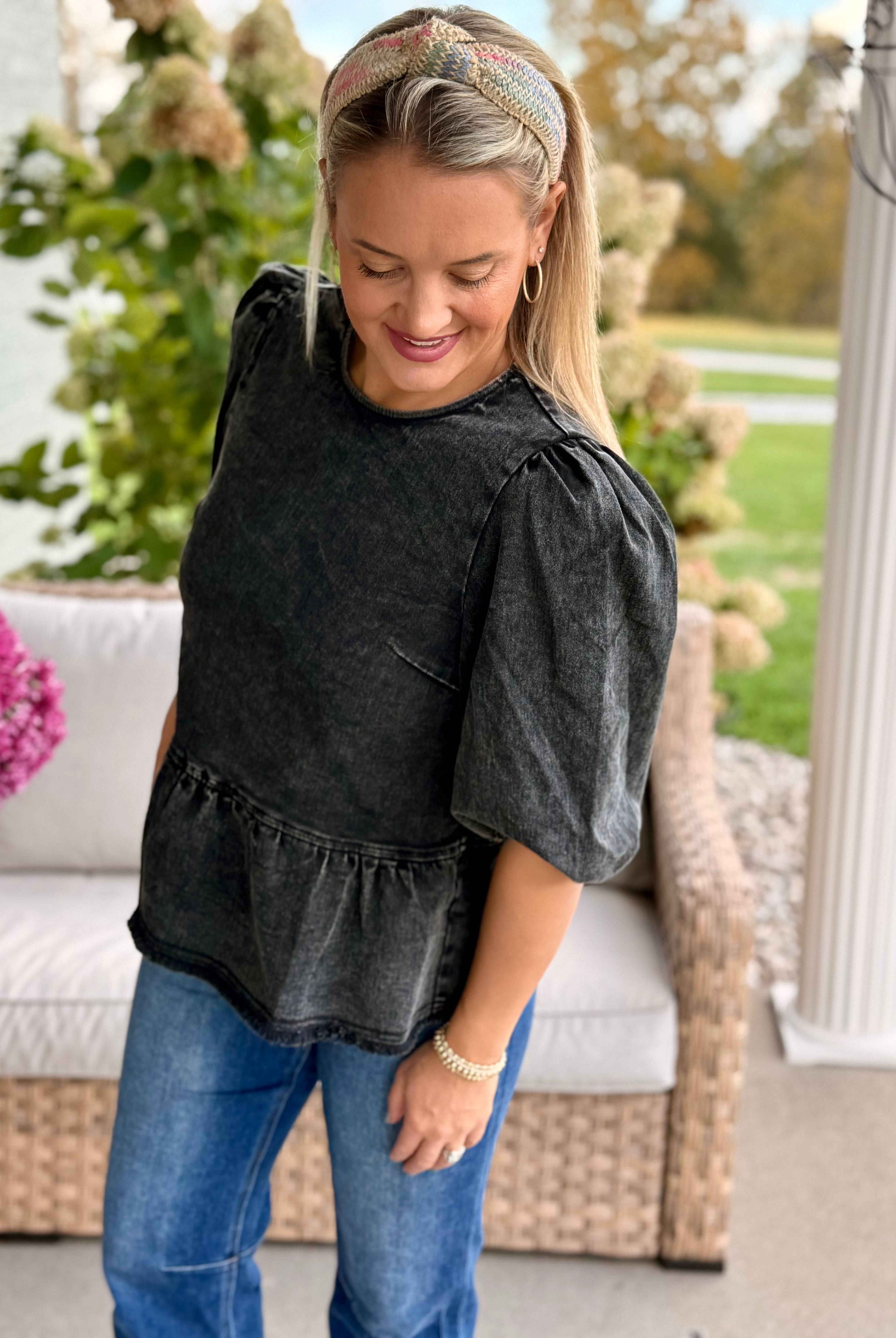 Cider & Cinnamon Washed Denim Top - Ash-100 Short Sleeve Tops-Anniewear-The Lovely Closet, Women's Fashion Boutique in Alexandria, KY