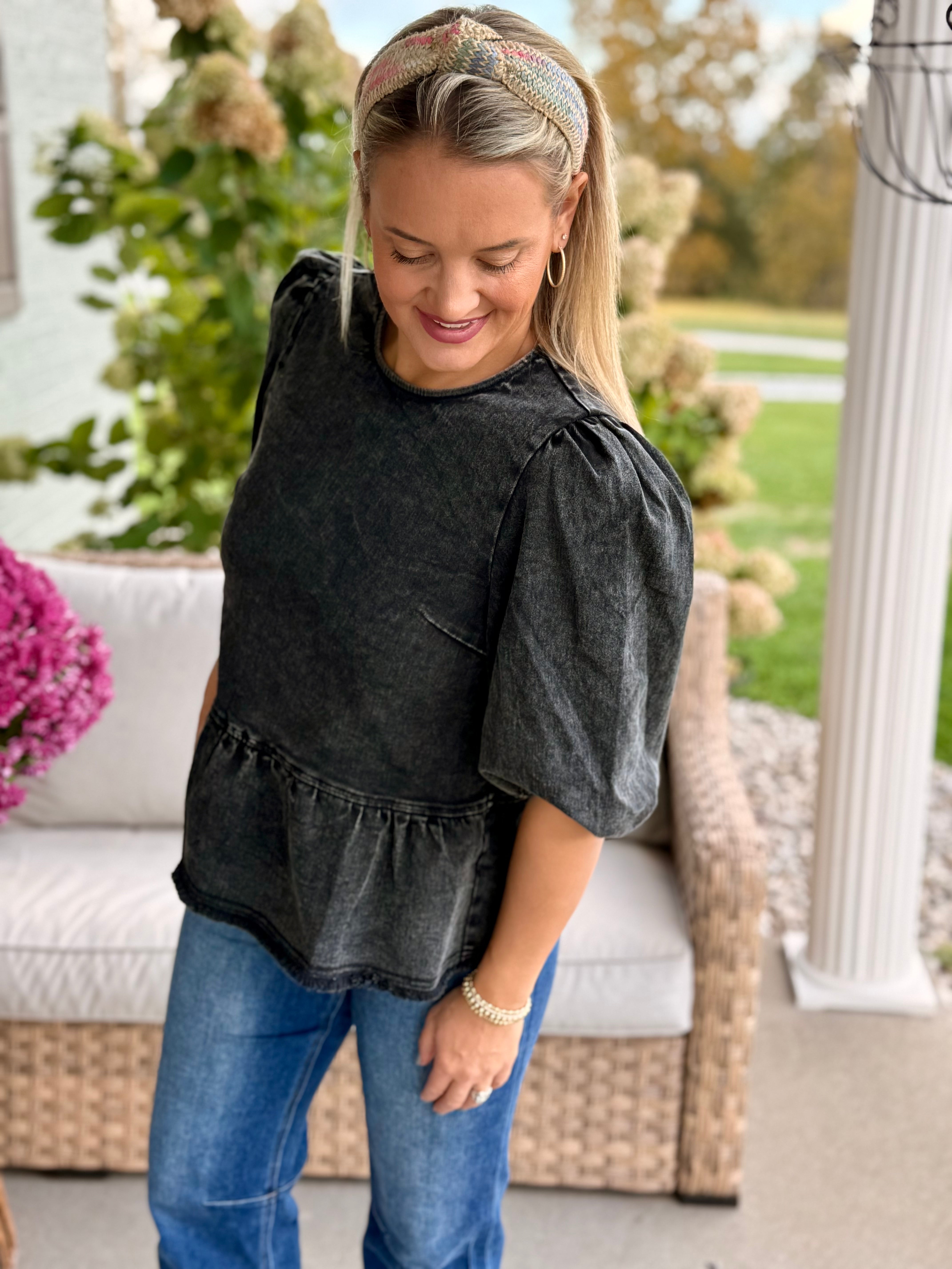 Cider & Cinnamon Washed Denim Top - Ash-100 Short Sleeve Tops-Anniewear-The Lovely Closet, Women's Fashion Boutique in Alexandria, KY