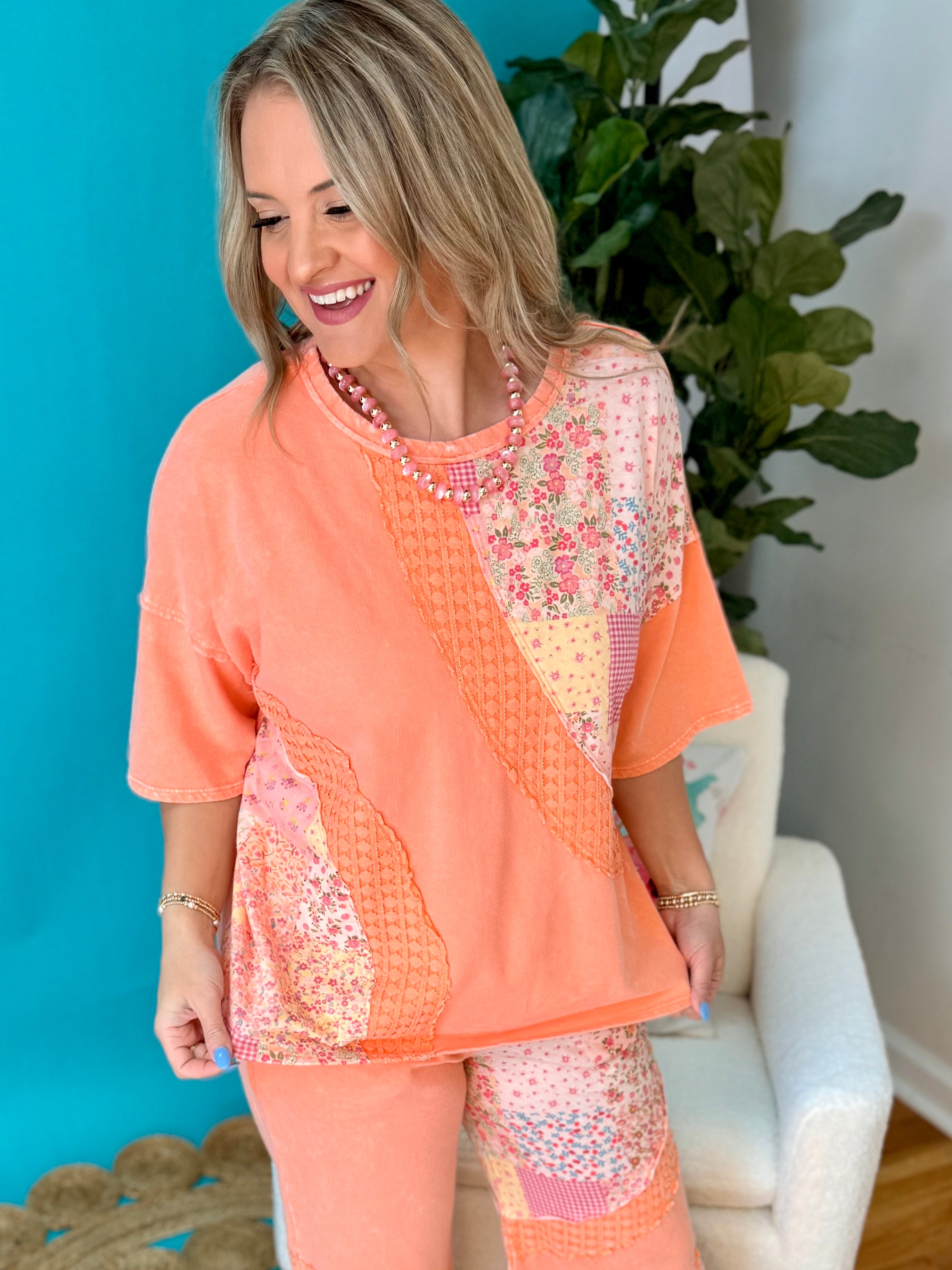 Too Comfy To Care Patchwork Top-100 Short Sleeve Tops-J.Her-The Lovely Closet, Women's Fashion Boutique in Alexandria, KY