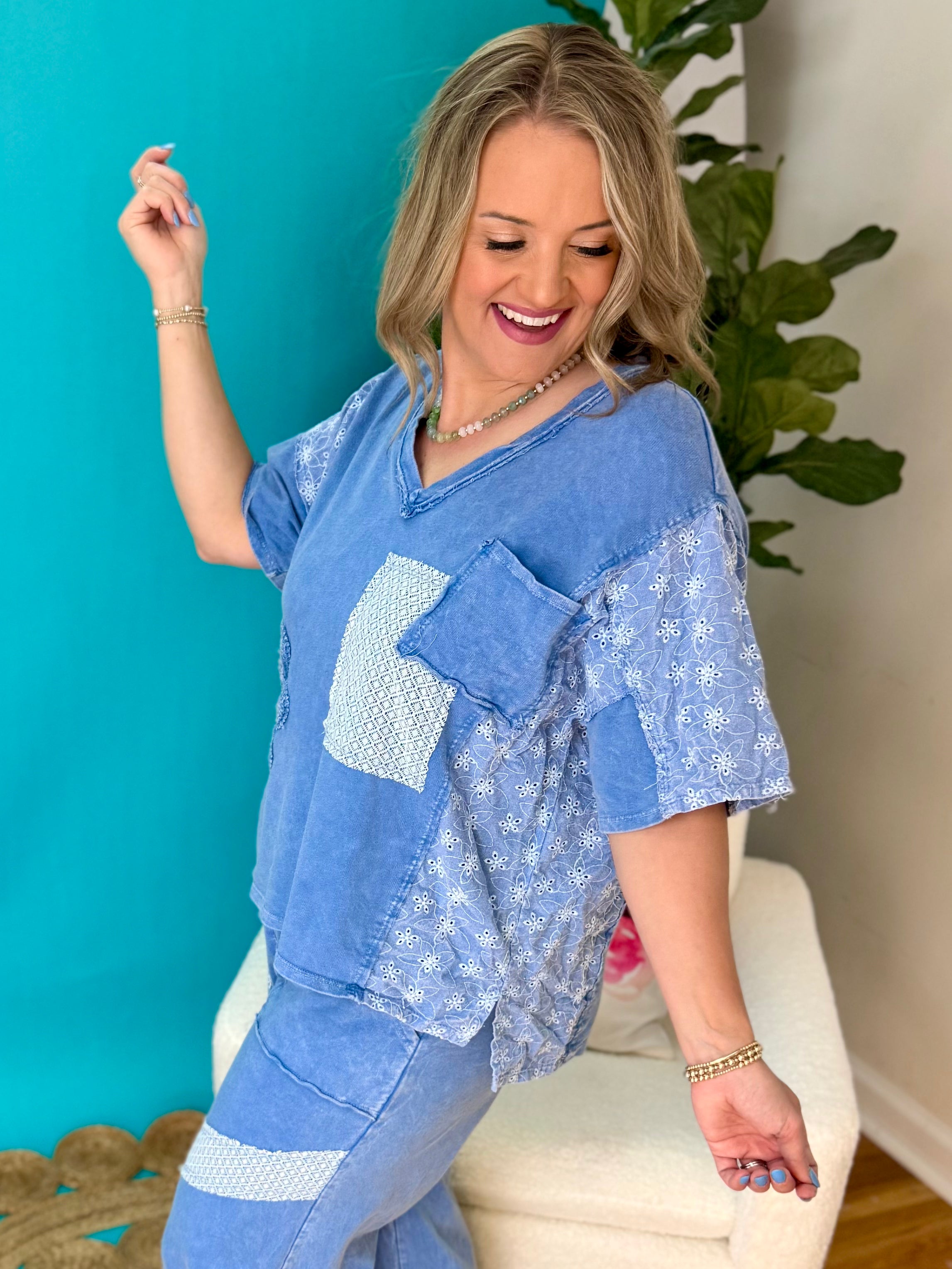 Head in The Clouds Patchwork Top-100 Short Sleeve Tops-J.Her-The Lovely Closet, Women's Fashion Boutique in Alexandria, KY