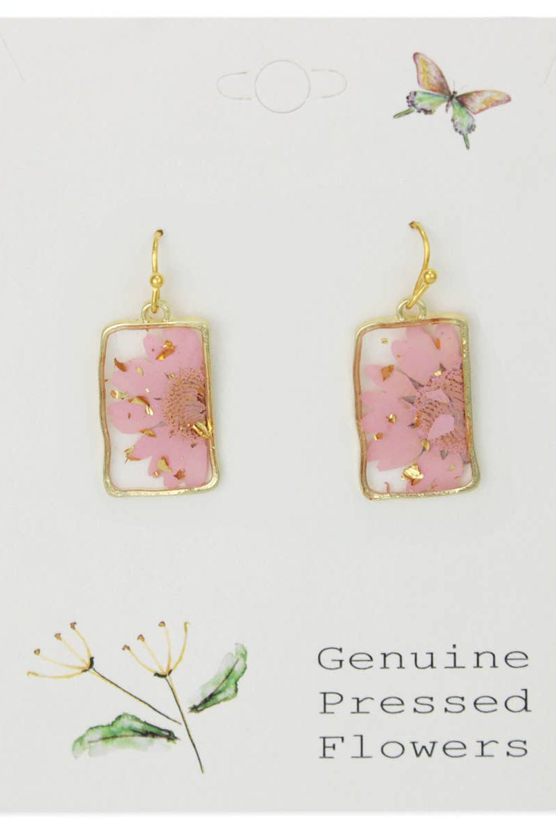 Pink Dried Flower Rectangle Gold Earrings-280 Accessories-ZAD-The Lovely Closet, Women's Fashion Boutique in Alexandria, KY