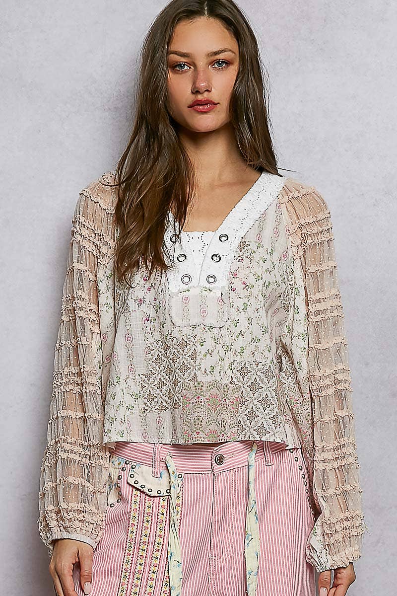 Long Sleeve Lace Contrast Printed Woven Top-110 Long Sleeve Top-Pol Clothing-The Lovely Closet, Women's Fashion Boutique in Alexandria, KY