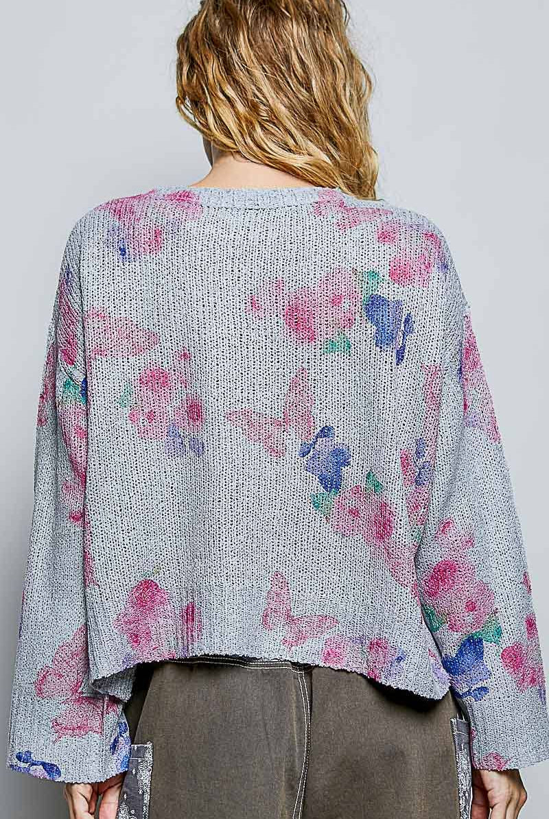Butterfly Print Sequin Flower Knit Sweater-110 Long Sleeve Top-Pol Clothing-The Lovely Closet, Women's Fashion Boutique in Alexandria, KY