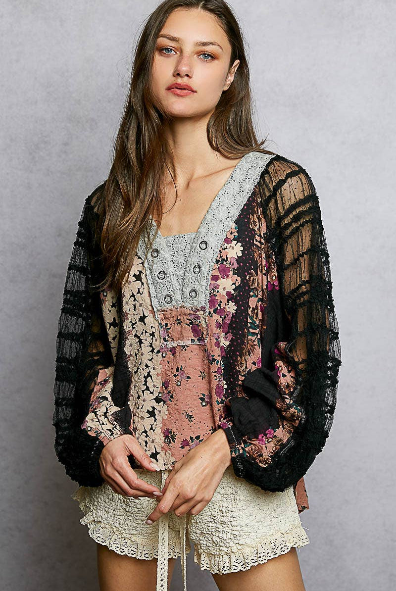 Long Sleeve Lace Contrast Printed Woven Top-110 Long Sleeve Top-Pol Clothing-The Lovely Closet, Women's Fashion Boutique in Alexandria, KY