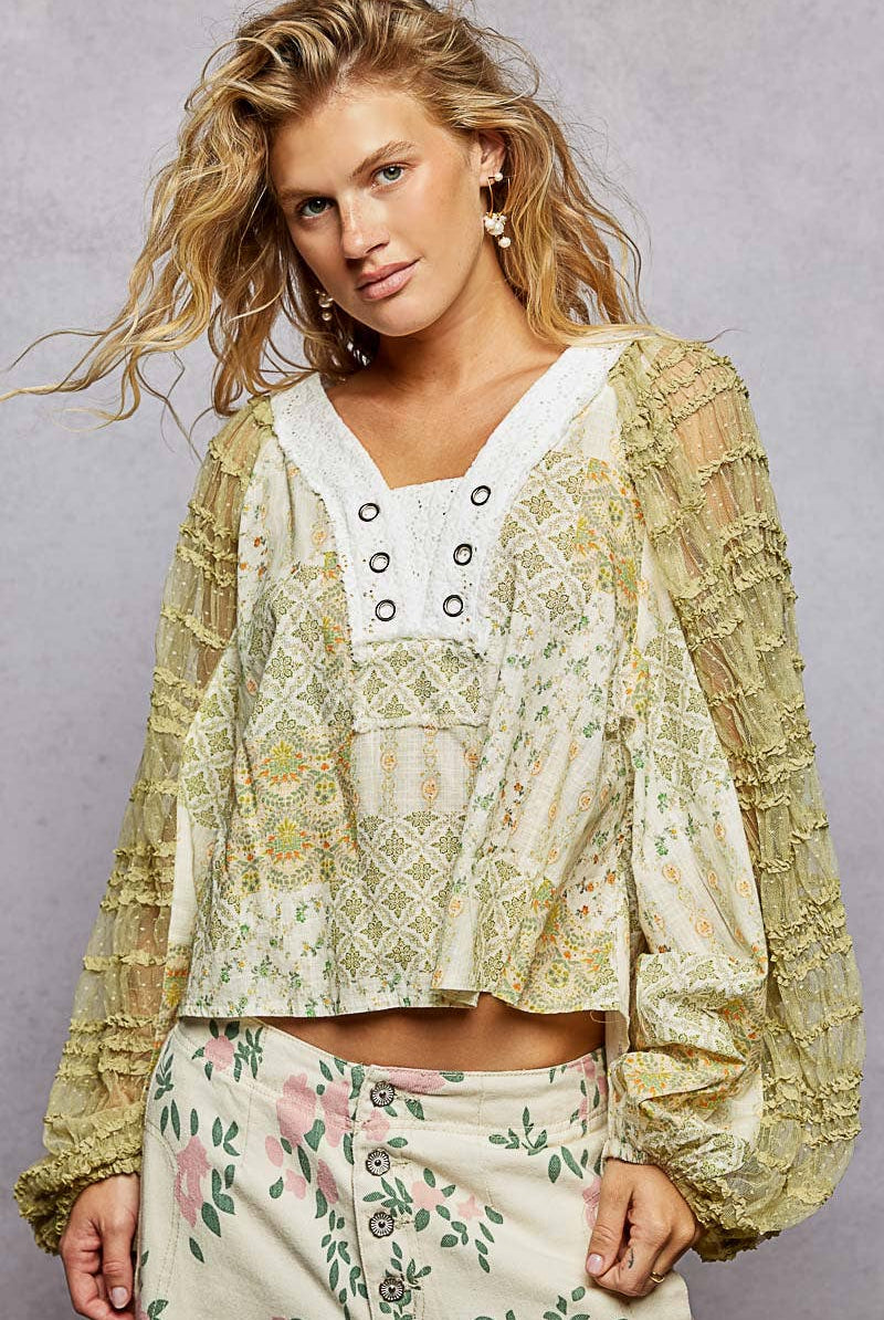 Long Sleeve Lace Contrast Printed Woven Top-110 Long Sleeve Top-Pol Clothing-The Lovely Closet, Women's Fashion Boutique in Alexandria, KY