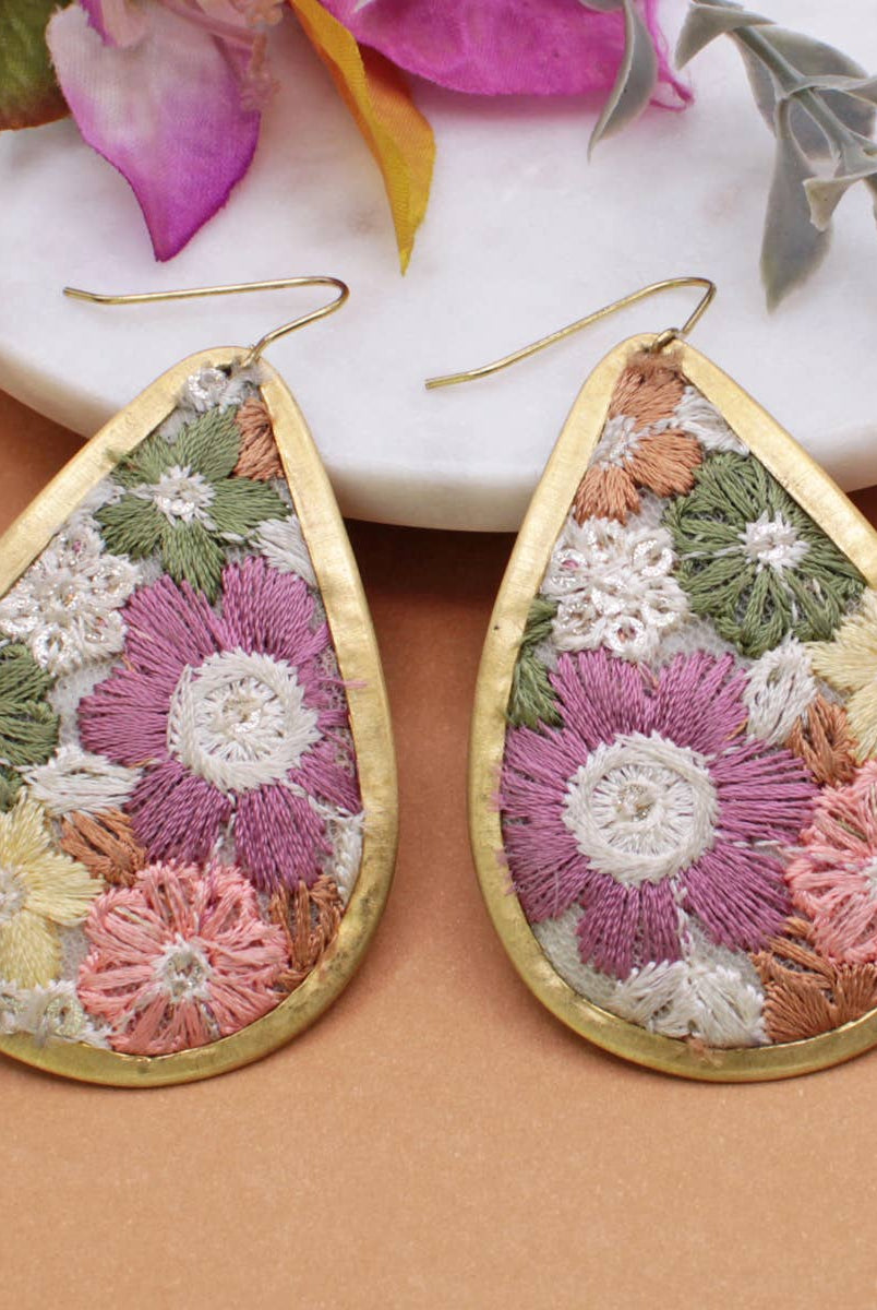 Olive & Pink Floral Fabric Embroidered Earrings-280 Accessories-ZAD-The Lovely Closet, Women's Fashion Boutique in Alexandria, KY