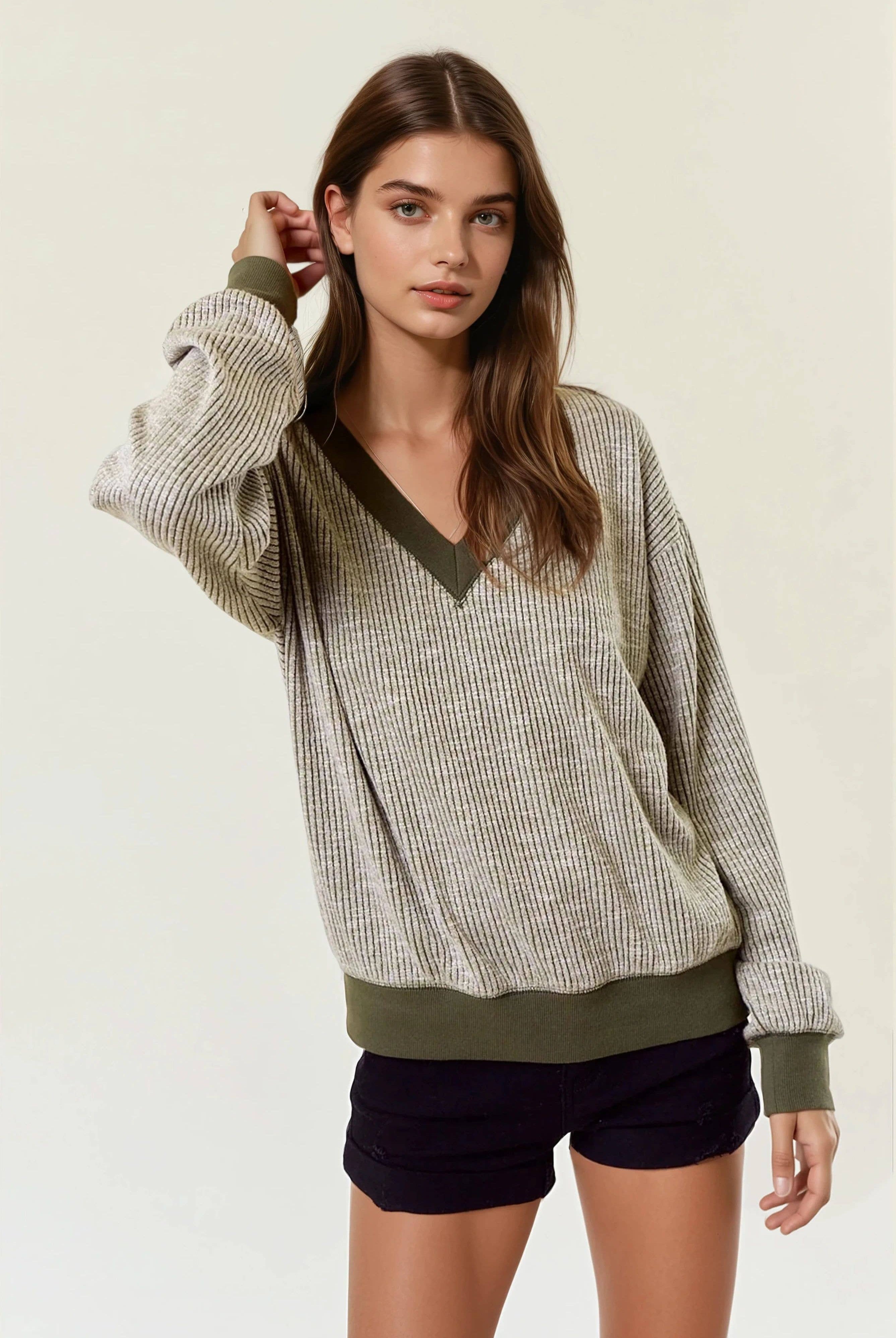 FINAL SALE Oversized Vertical Stripe Two-Tone Ribbed Top - Olive-110 Long Sleeve Top-Doe and Rae-The Lovely Closet, Women's Fashion Boutique in Alexandria, KY