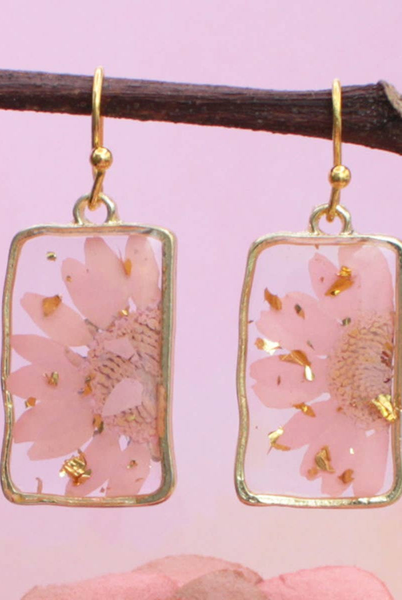 Pink Dried Flower Rectangle Gold Earrings-280 Accessories-ZAD-The Lovely Closet, Women's Fashion Boutique in Alexandria, KY