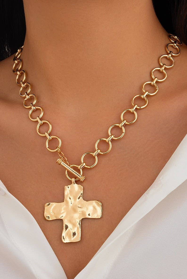Hammered Cross Necklace - Gold-280 Accessories-JOSSLYN by wall to wall-The Lovely Closet, Women's Fashion Boutique in Alexandria, KY