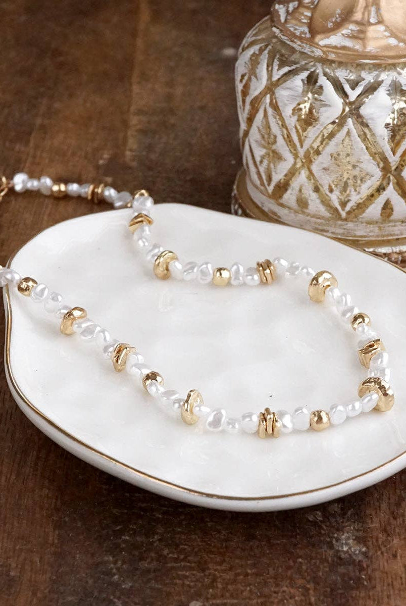 Golden Drift – Dainty Necklace with Faux Pearls and Nugget Beads-250 Jewelry-PennyLine inc-The Lovely Closet, Women's Fashion Boutique in Alexandria, KY