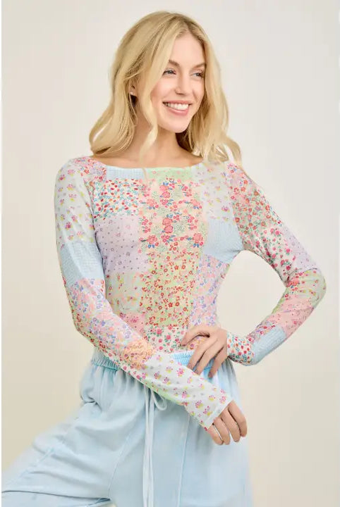 Spring Picnic Patch Mesh top-110 Long Sleeve Top-J.Her-The Lovely Closet, Women's Fashion Boutique in Alexandria, KY