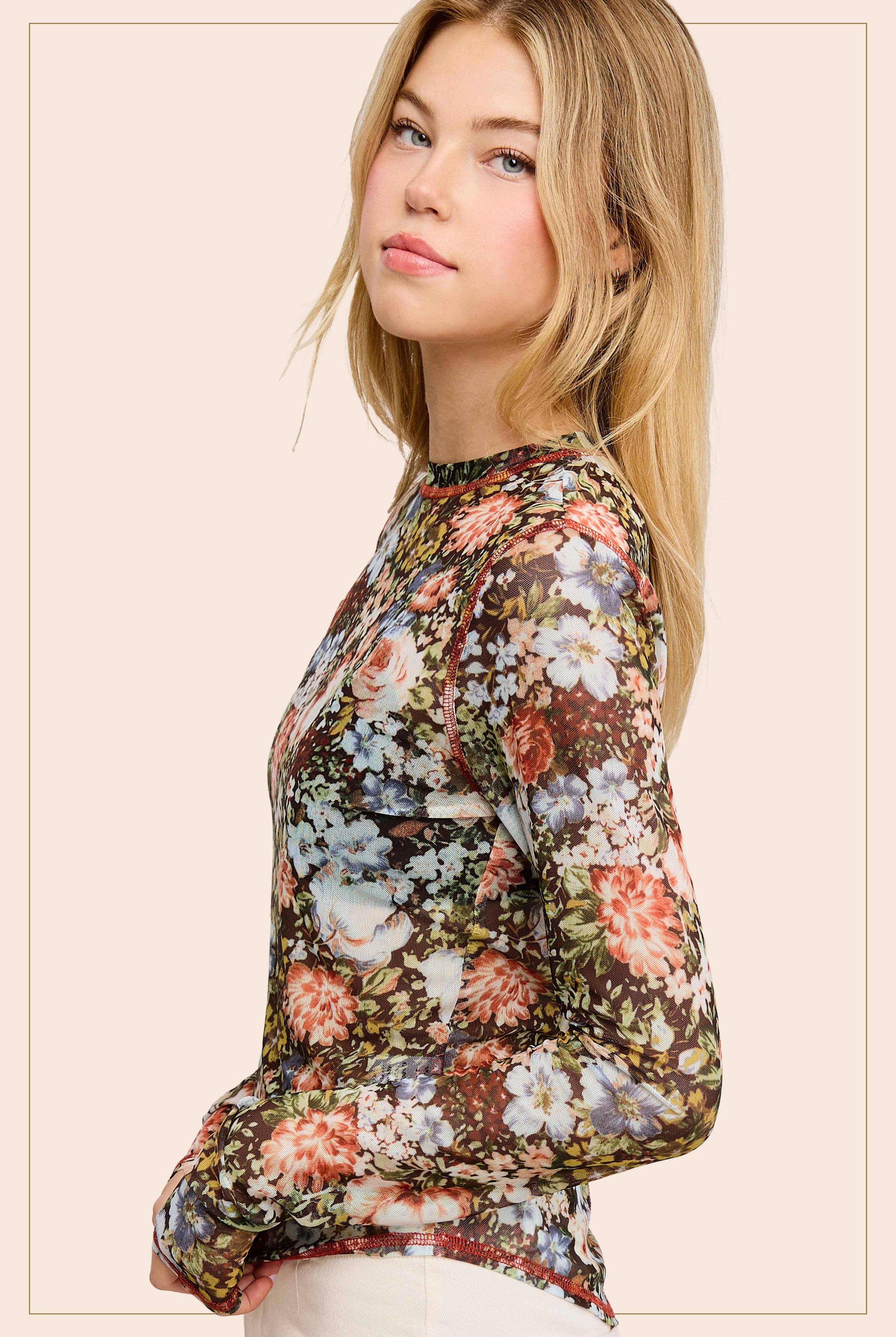 Sheer Long Sleeve Mesh Layering Top - Hazelnut-110 Long Sleeve Top-La Miel-The Lovely Closet, Women's Fashion Boutique in Alexandria, KY