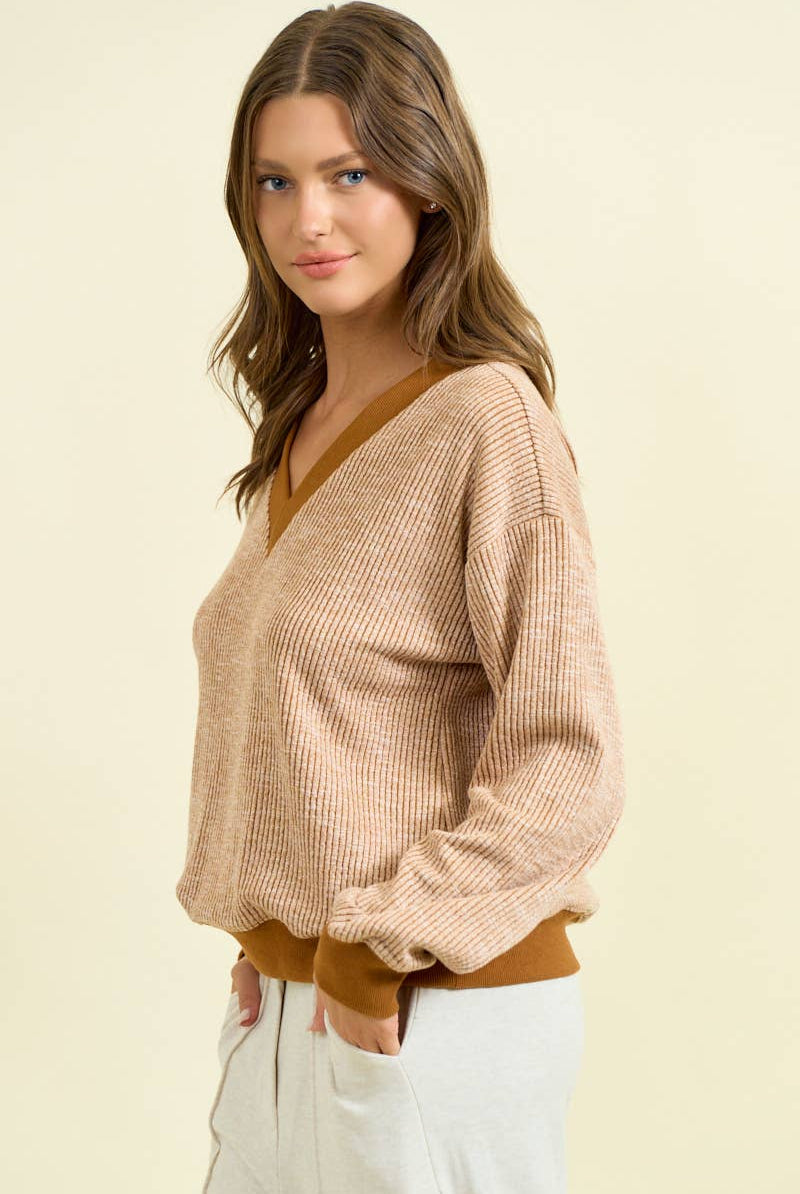 FINAL SALE Oversized Vertical Stripe Two-Tone Ribbed Top - Olive-110 Long Sleeve Top-Doe and Rae-The Lovely Closet, Women's Fashion Boutique in Alexandria, KY