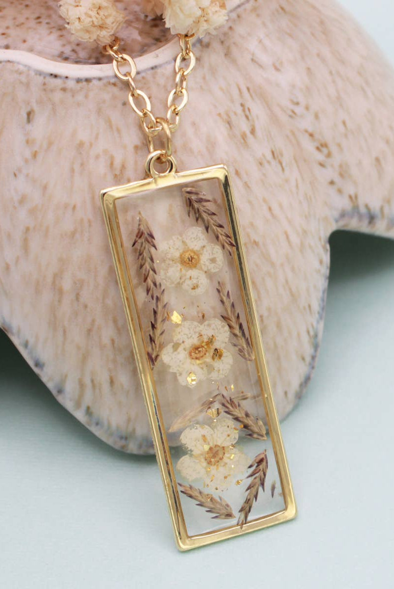 Prairie Florals White Dried Flower Bar Gold Necklace-280 Accessories-ZAD-The Lovely Closet, Women's Fashion Boutique in Alexandria, KY