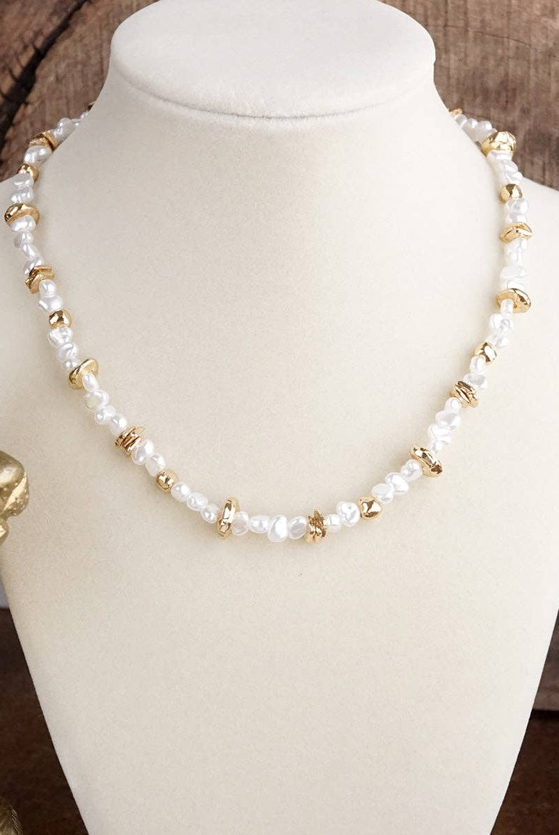 Golden Drift – Dainty Necklace with Faux Pearls and Nugget Beads-250 Jewelry-PennyLine inc-The Lovely Closet, Women's Fashion Boutique in Alexandria, KY