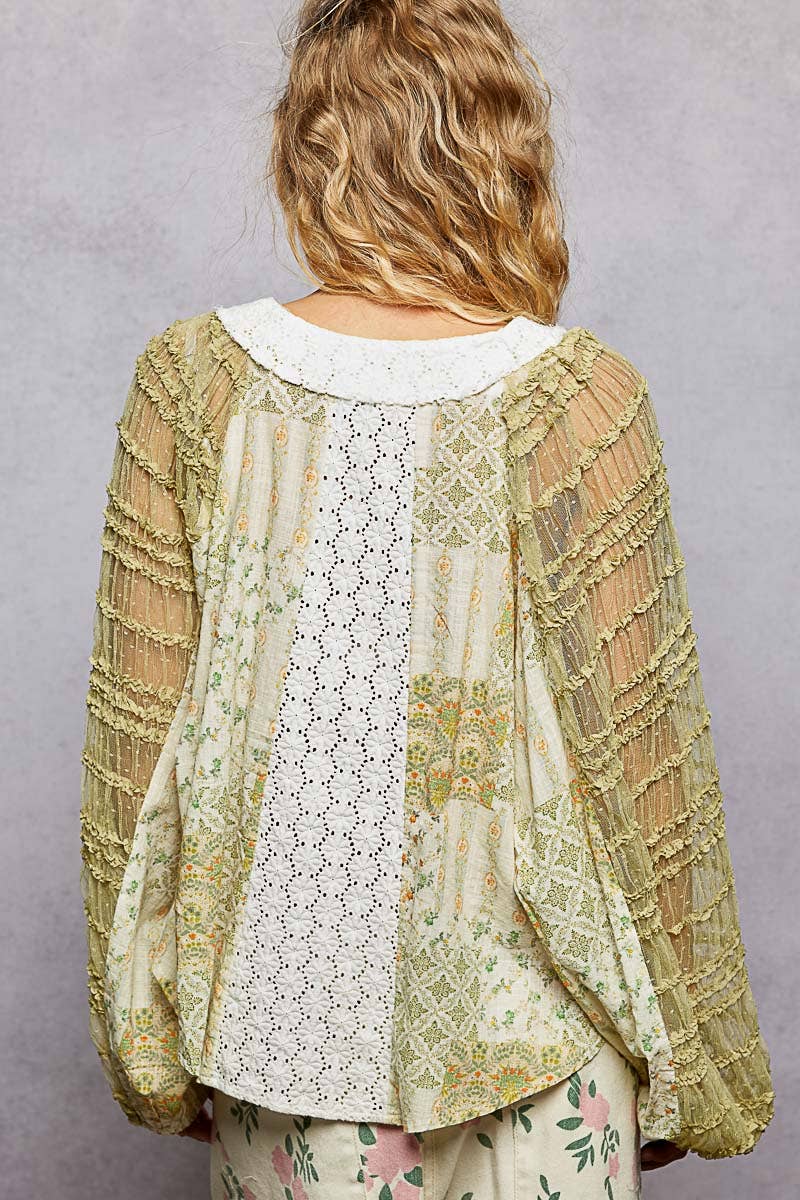 Long Sleeve Lace Contrast Printed Woven Top-110 Long Sleeve Top-Pol Clothing-The Lovely Closet, Women's Fashion Boutique in Alexandria, KY
