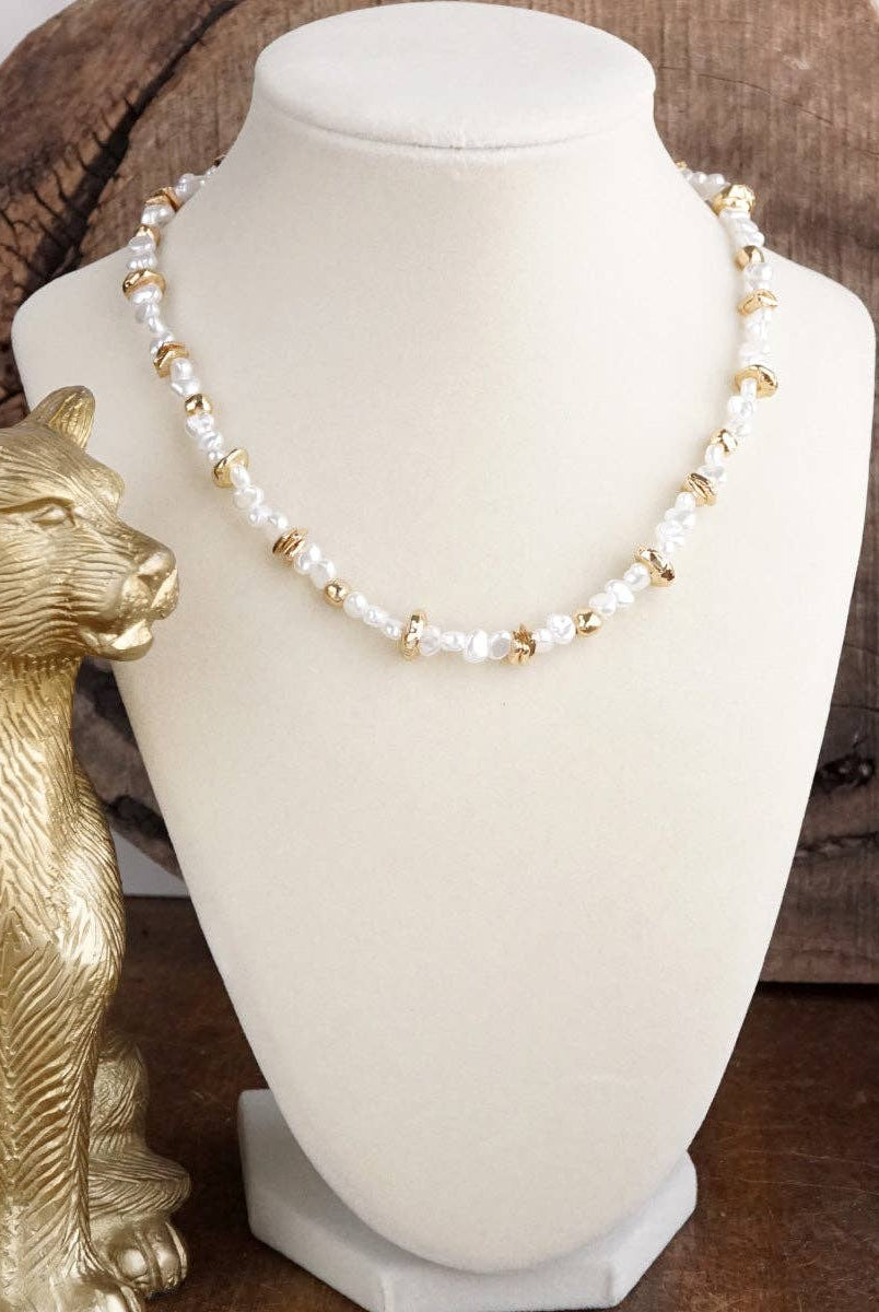 Golden Drift – Dainty Necklace with Faux Pearls and Nugget Beads-250 Jewelry-PennyLine inc-The Lovely Closet, Women's Fashion Boutique in Alexandria, KY
