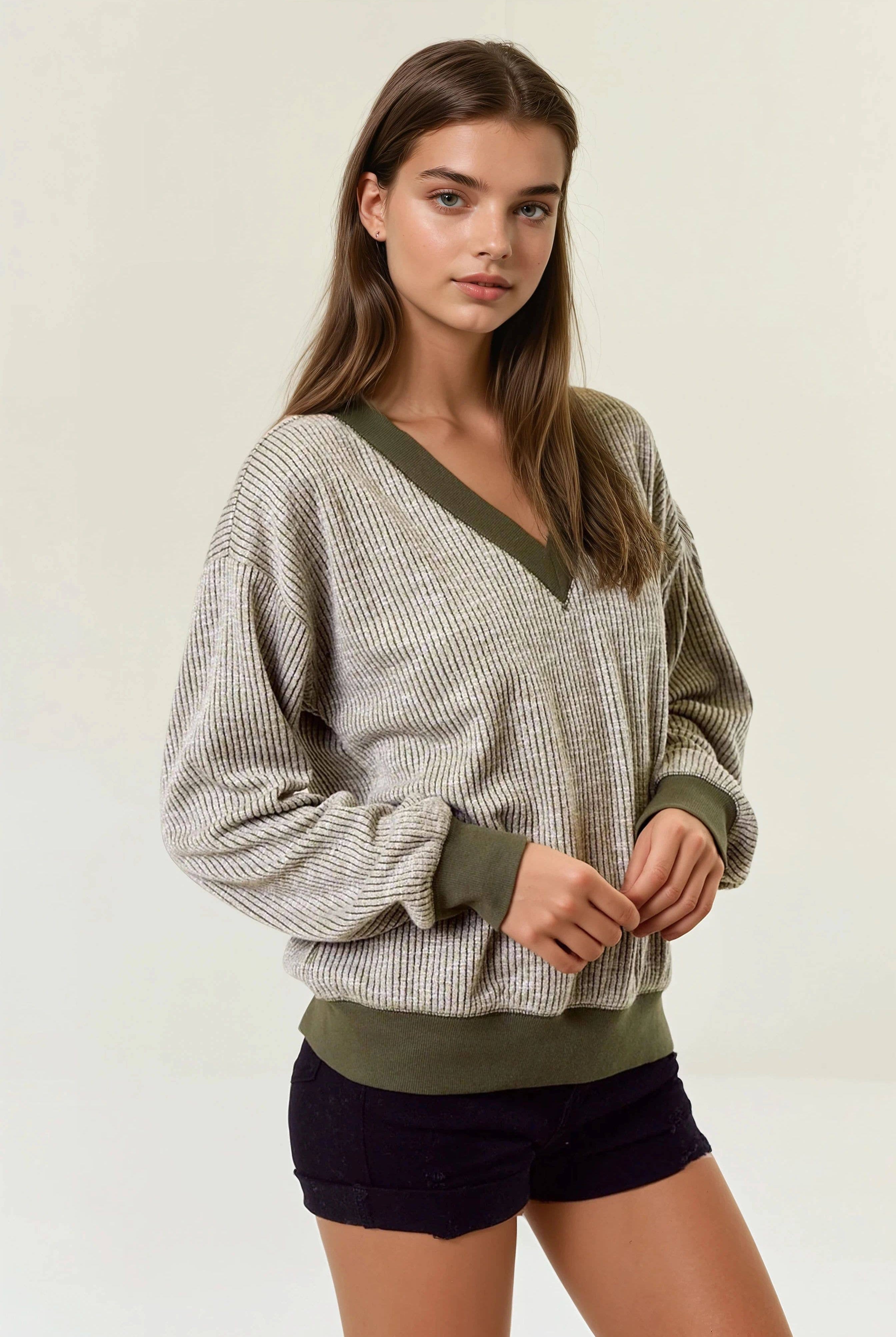 FINAL SALE Oversized Vertical Stripe Two-Tone Ribbed Top - Olive-110 Long Sleeve Top-Doe and Rae-The Lovely Closet, Women's Fashion Boutique in Alexandria, KY