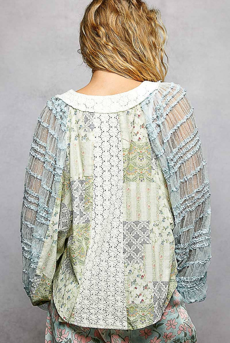 Long Sleeve Lace Contrast Printed Woven Top-110 Long Sleeve Top-Pol Clothing-The Lovely Closet, Women's Fashion Boutique in Alexandria, KY