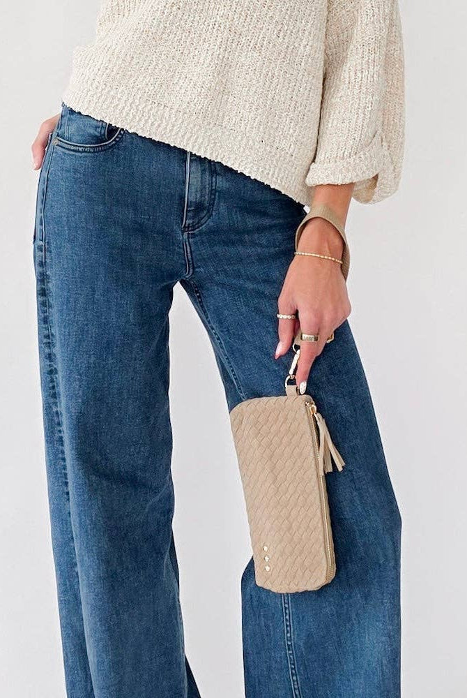 Suede Emma Woven Clutch Wristlet: Black-crossbody/wristlet-Pretty Simple-The Lovely Closet, Women's Fashion Boutique in Alexandria, KY