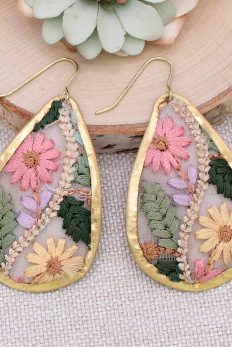 Floral Vines Embroidered Gold Teardrop Earrings-280 Accessories-ZAD-The Lovely Closet, Women's Fashion Boutique in Alexandria, KY